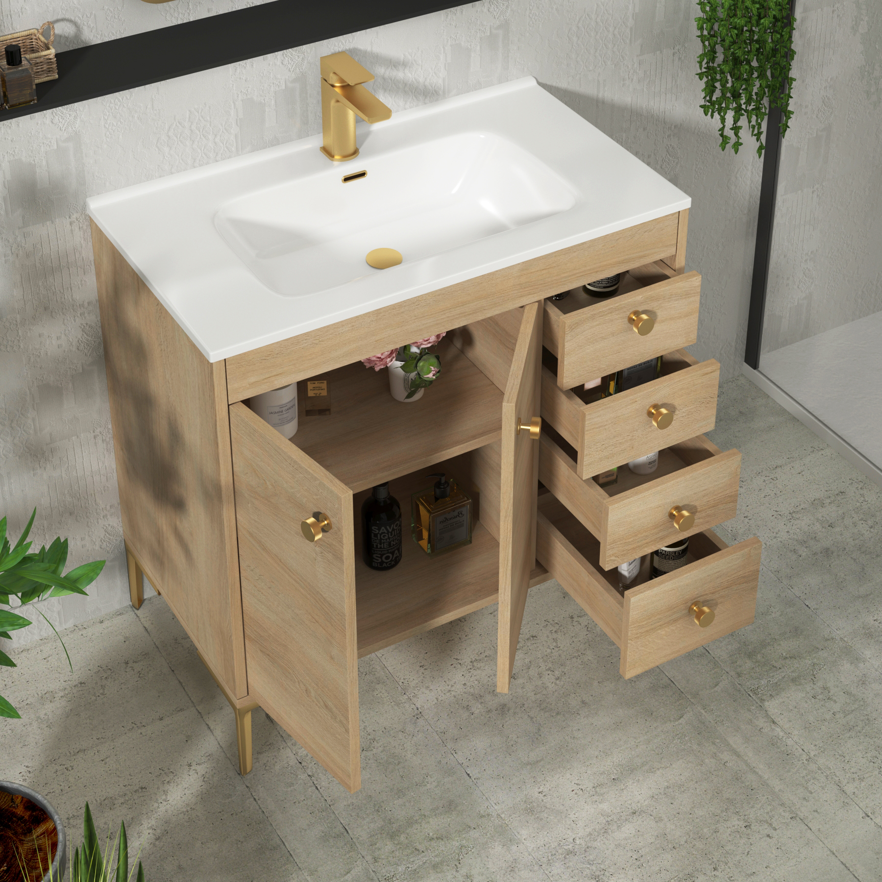 Verona 800mm Natural Oak Floor Standing Vanity Unit 2 Door & 4 Drawer Cabinet with Ceramic Basin & Brushed Brass Knob
