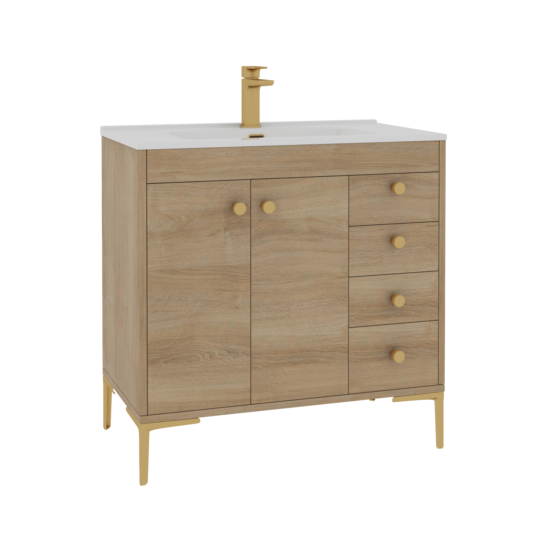 Verona 800mm Natural Oak Floor Standing Vanity Unit 2 Door & 4 Drawer Cabinet with Ceramic Basin & Brushed Brass Knob