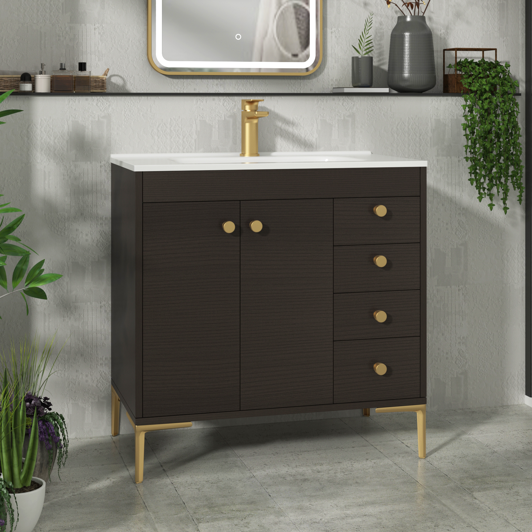 Verona 800mm Walnut Woodgrain Floor Standing Vanity Unit 2 Door & 4 Drawer Cabinet with Optional Basin & Knob