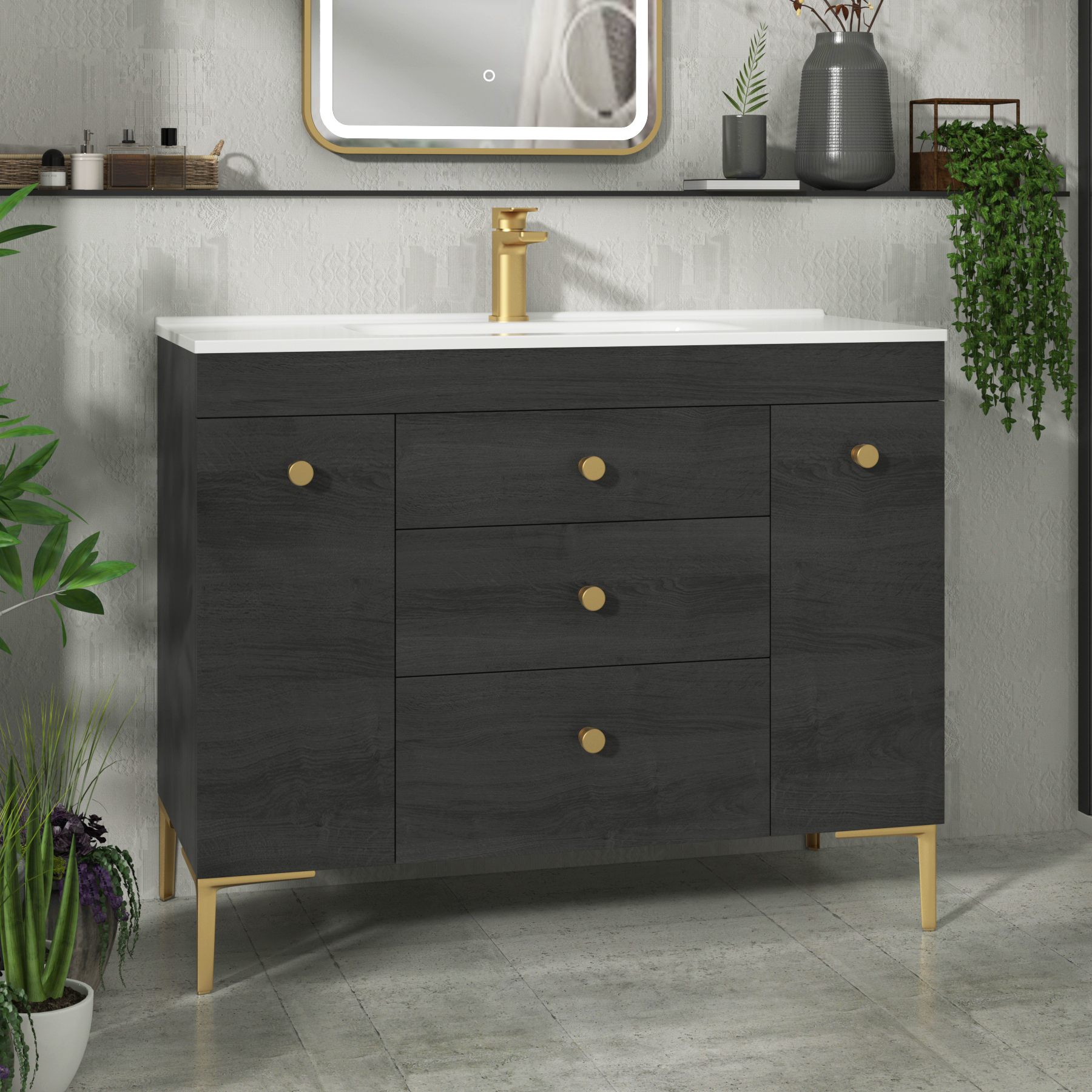 Verona 1000mm Black Woodgrain  Floor Standing Vanity Unit 3 Drawer & Dual Side Pull Out Storage with Ceramic Basin & Knob