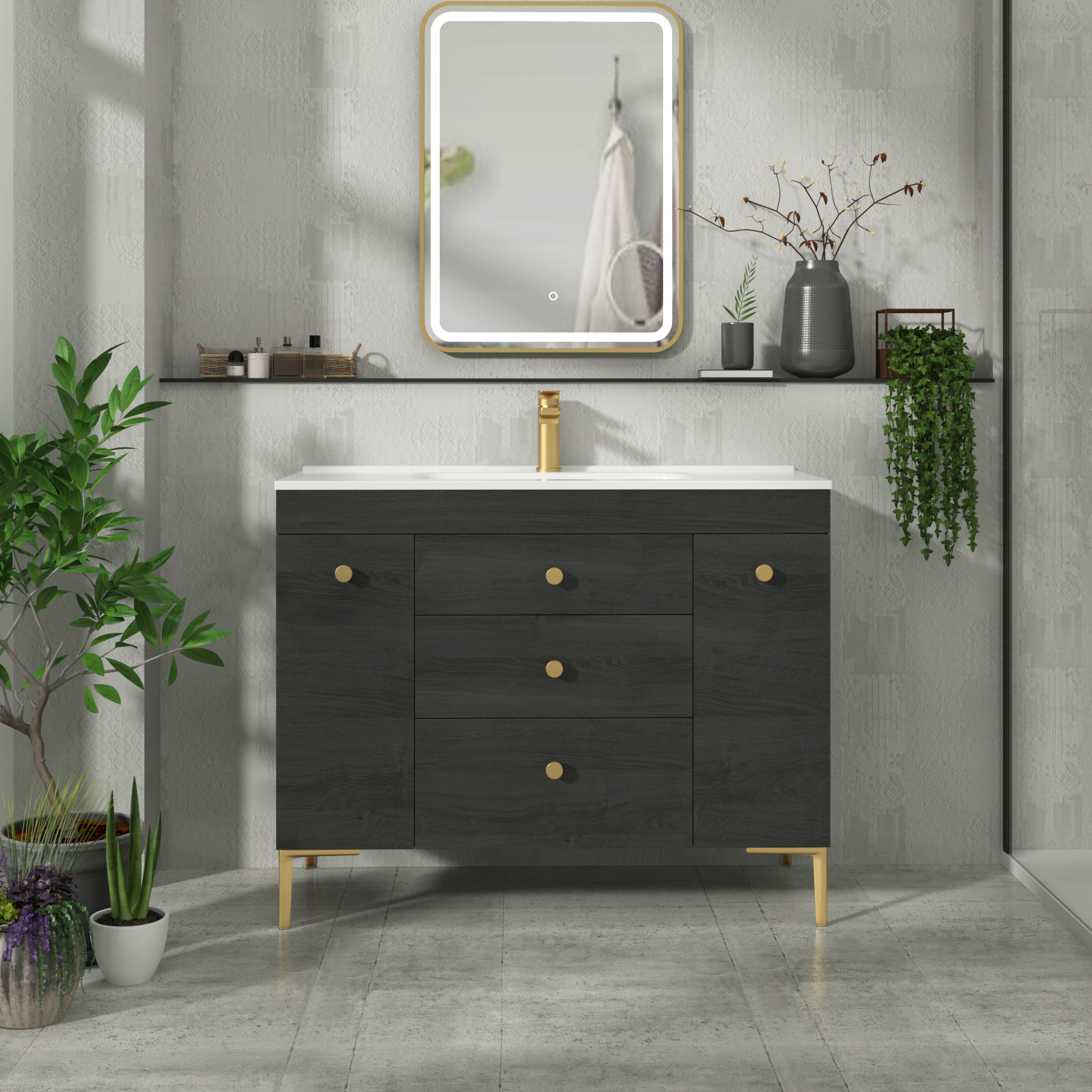 Verona 1000mm Black Woodgrain  Floor Standing Vanity Unit 3 Drawer & Dual Side Pull Out Storage with Ceramic Basin & Knob