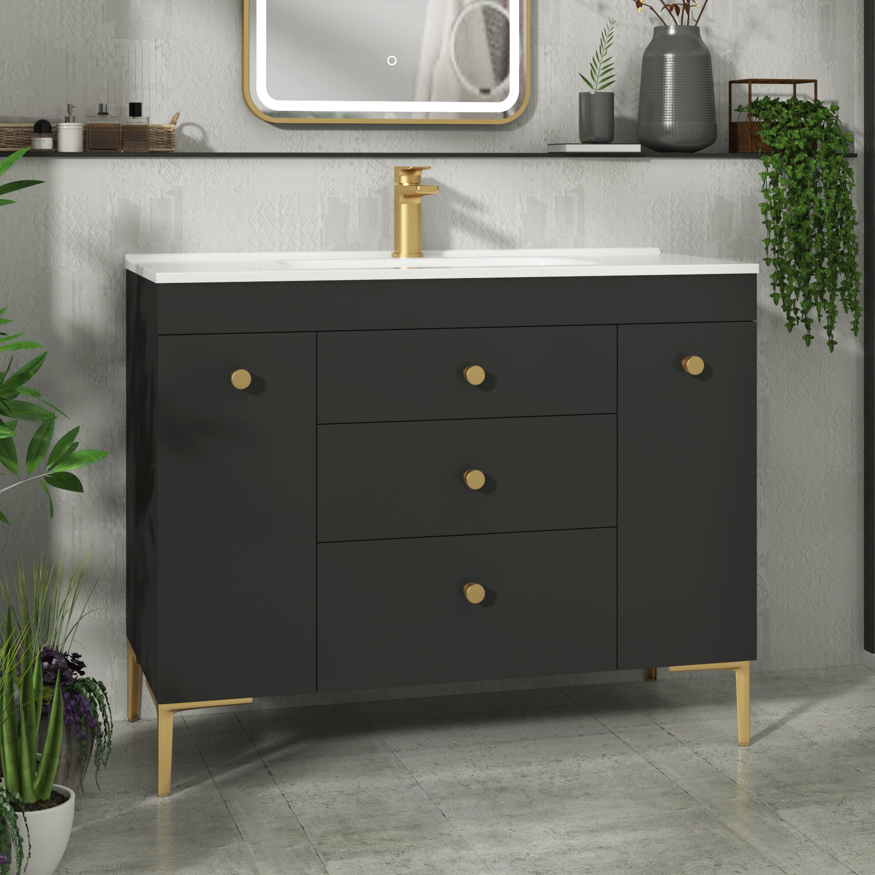 Verona 1000mm Matt Black Floor Standing Vanity Unit 3 Drawer & Dual Side Pull Out Storage with Ceramic Basin & Knob