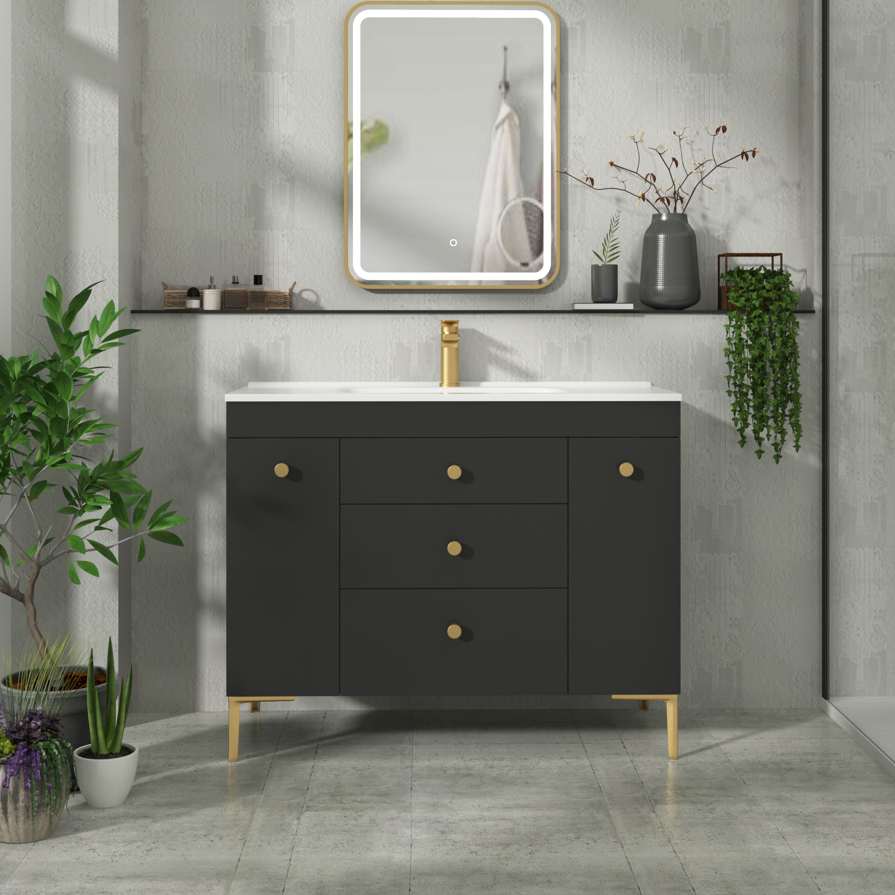 Verona 1000mm Matt Black Floor Standing Vanity Unit 3 Drawer & Dual Side Pull Out Storage with Ceramic Basin & Knob