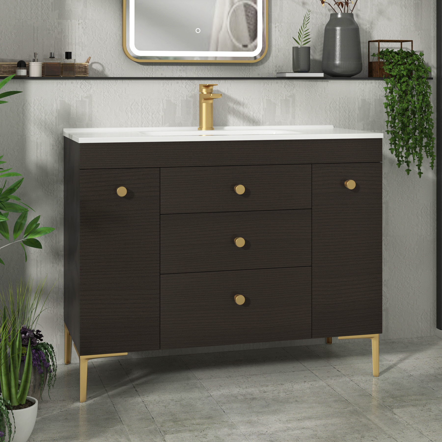 Verona 1000mm Walnut Woodgrain Floor Standing Vanity Unit 3 Drawer & Dual Side Pull Out Storage with Ceramic Basin & Knob
