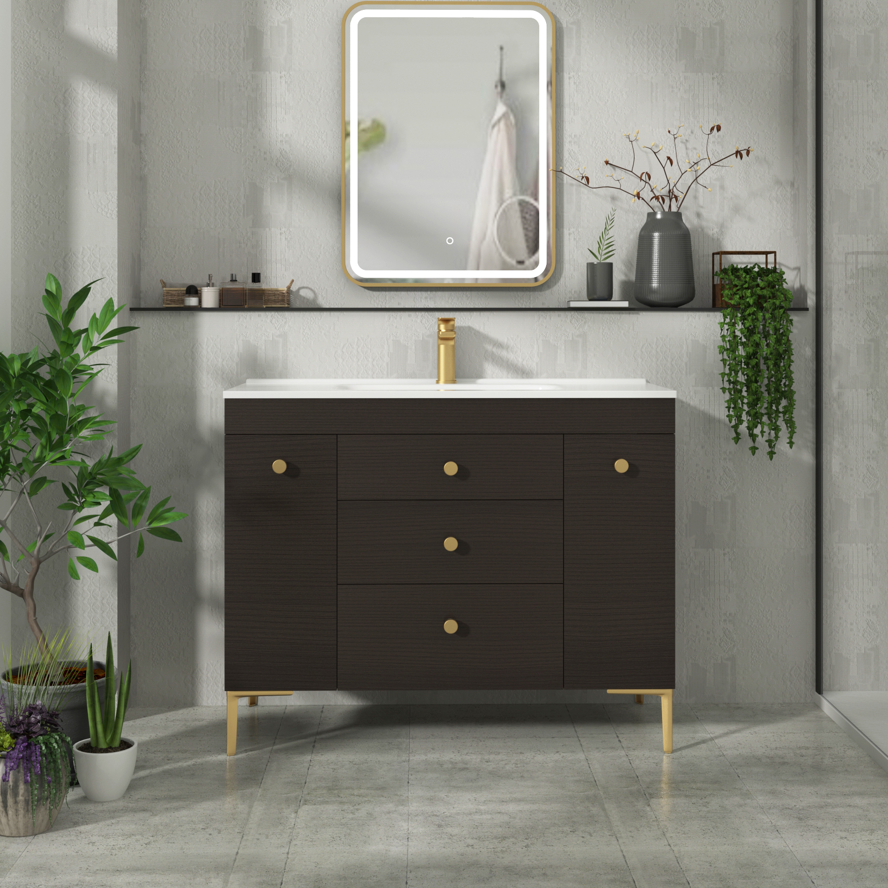 Verona 1000mm Walnut Woodgrain Floor Standing Vanity Unit 3 Drawer & Dual Side Pull Out Storage with Ceramic Basin & Knob