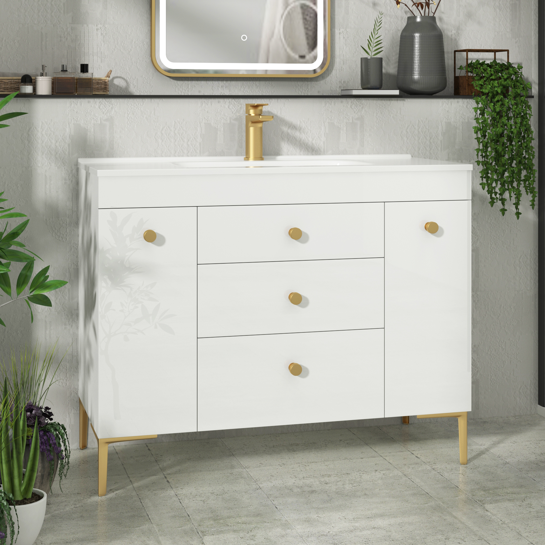 Verona 1000mm Gloss White Floor Standing Vanity Unit 3 Drawer & Dual Side Pull Out Storage with Ceramic Basin & Knob