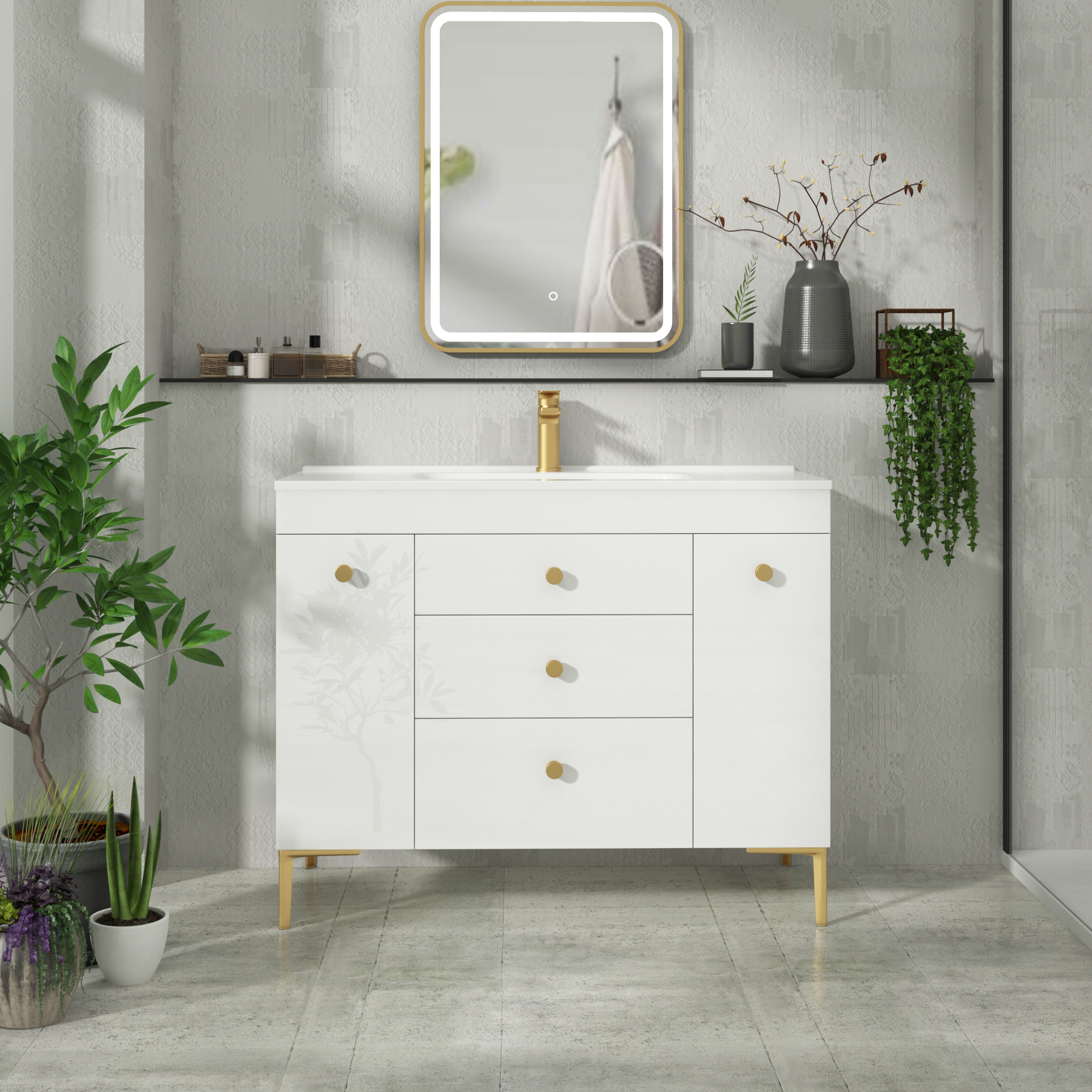Verona 1000mm Gloss White Floor Standing Vanity Unit 3 Drawer & Dual Side Pull Out Storage with Ceramic Basin & Knob