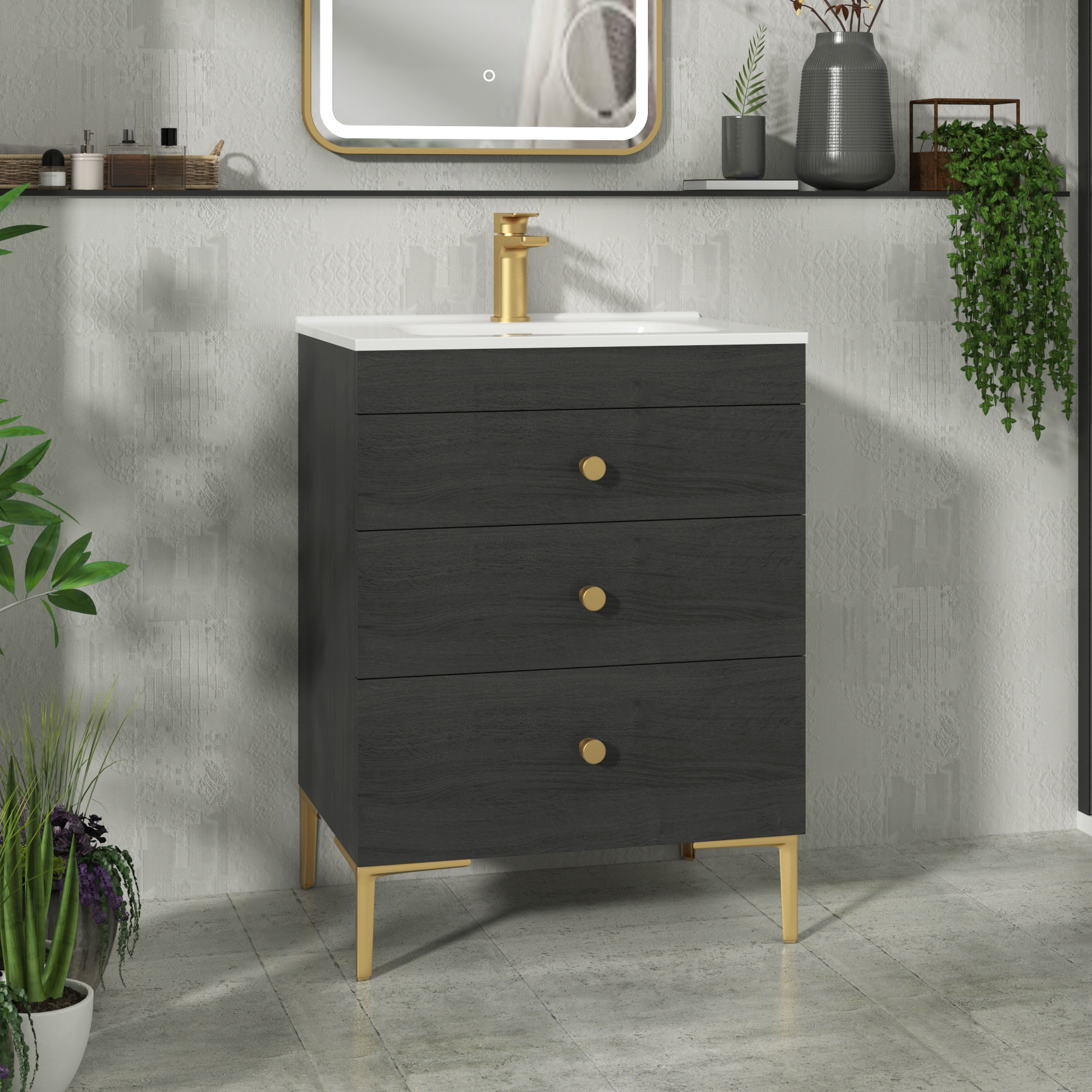 Verona 600mm Black Woodgrain Floor Standing 3 Drawer Vanity Unit with Optional Basin & Knob