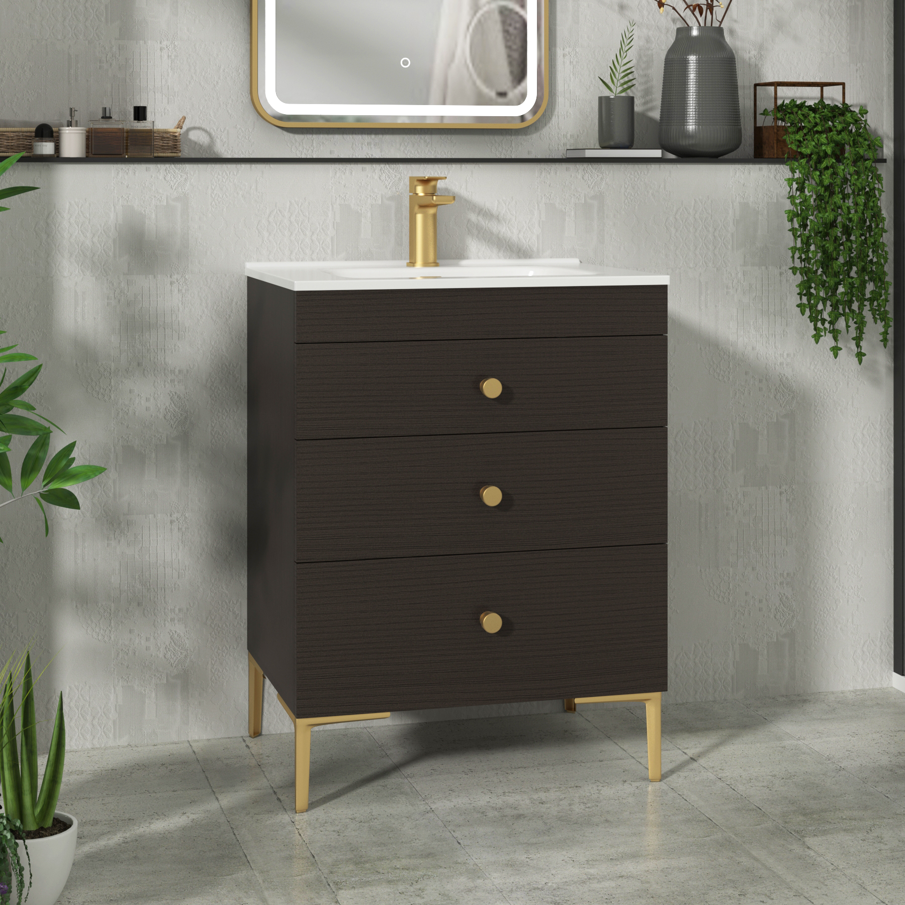 Verona 600mm Walnut Woodgrain Floor Standing 3 Drawer Vanity Unit with Optional Basin & Knob