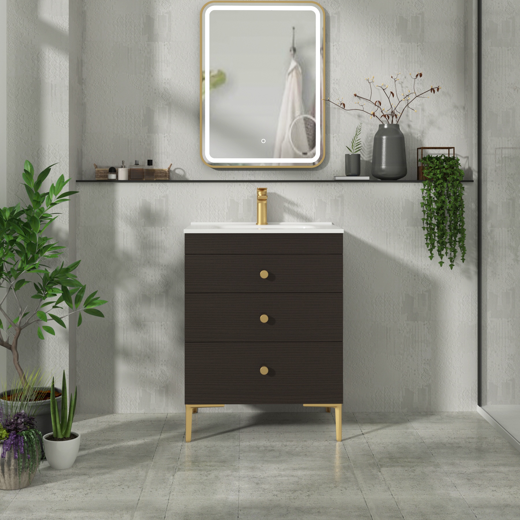 Verona 600mm Walnut Woodgrain Floor Standing 3 Drawer Vanity Unit with Optional Basin & Knob