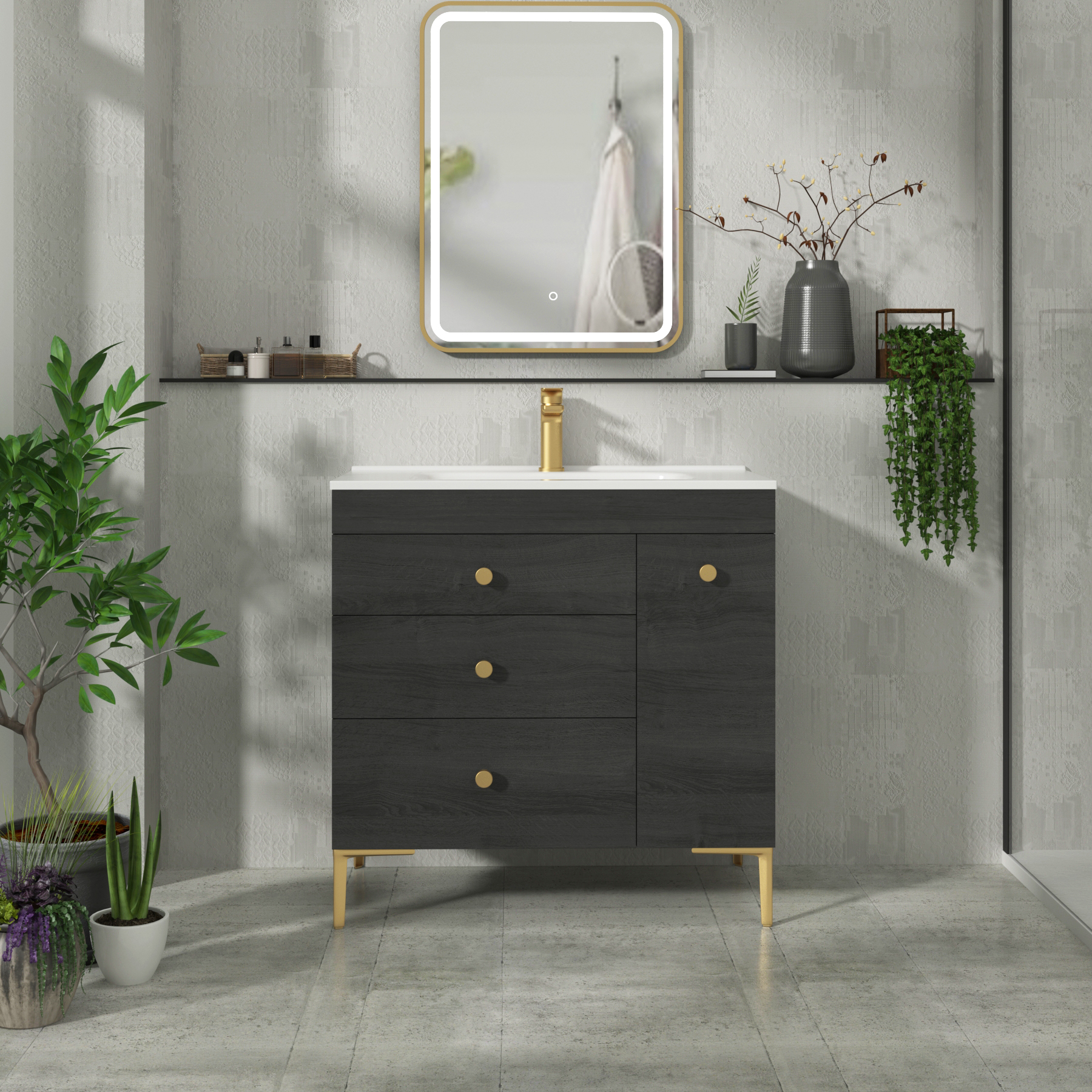 Verona 800mm Black Woodgrain  Floor Standing Vanity Unit 3 Drawer & Side Pull Out Storage with Optional Basin & Various Knobs