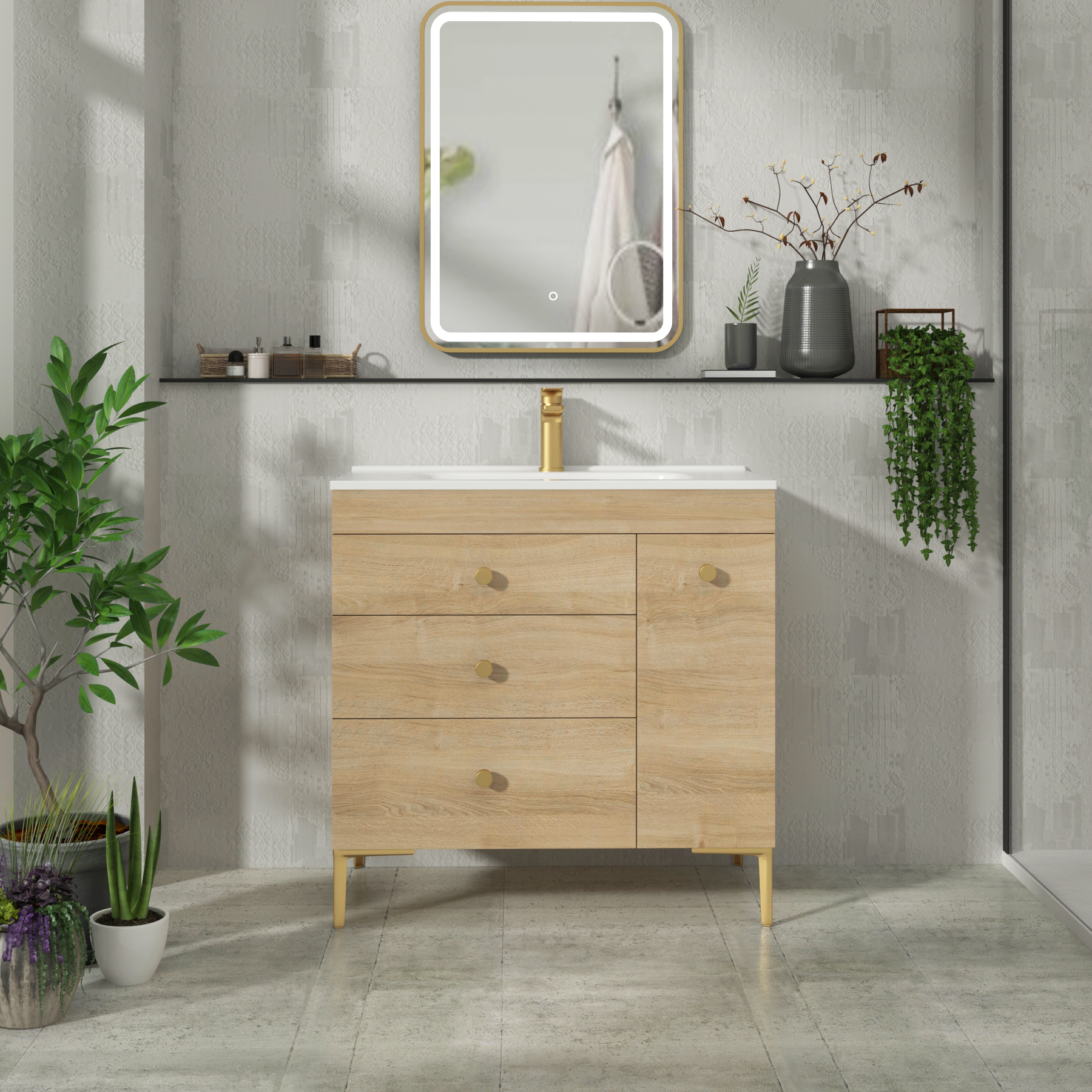 Verona 800mm Natural Oak Floor Standing Vanity Unit 3 Drawer & Side Pull Out Storage with Optional Basin & Various Knobs