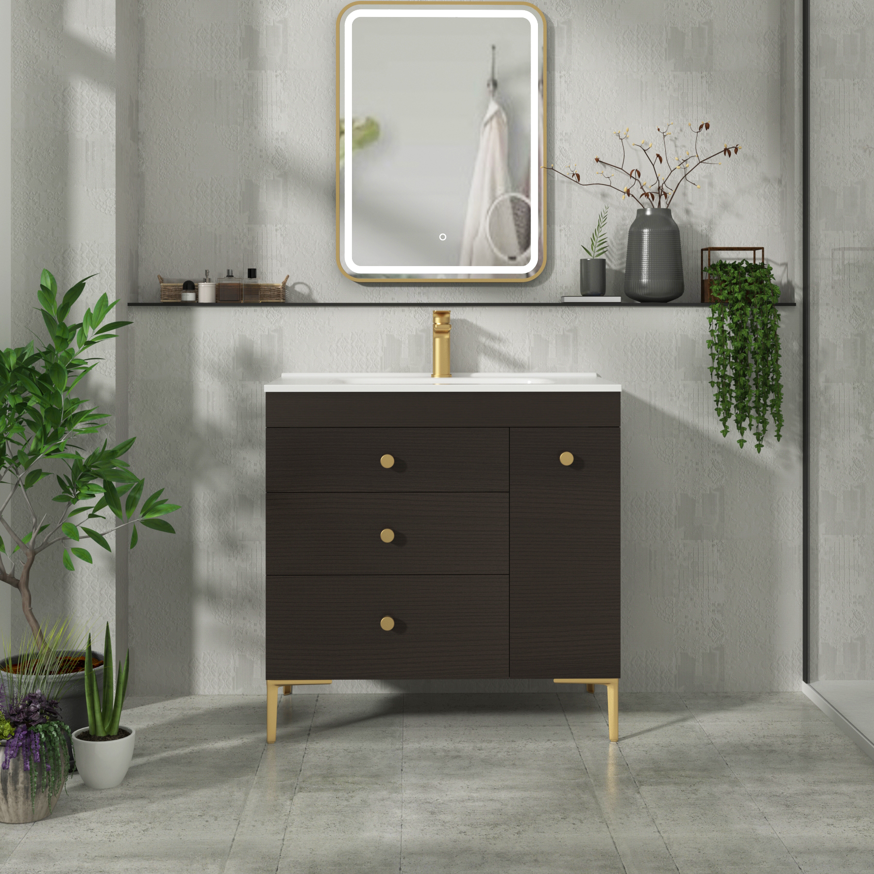 Verona 800mm Walnut Woodgrain Floor Standing Vanity Unit 3 Drawer & Side Pull Out Storage with Optional Basin & Various Knobs