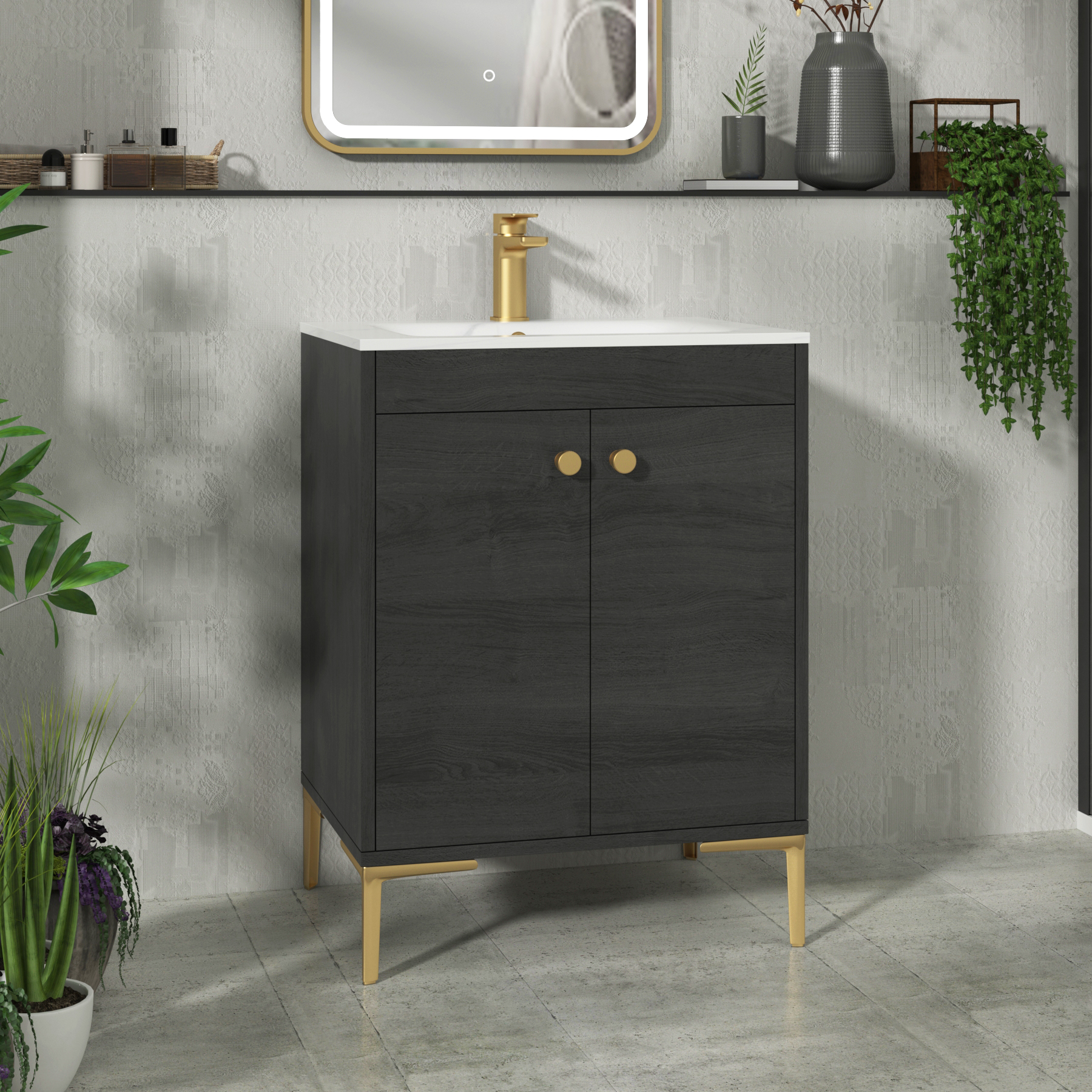 Verona 600mm Black Woodgrain Floor Standing Vanity Unit 2 Door with Optional Basin & Knob