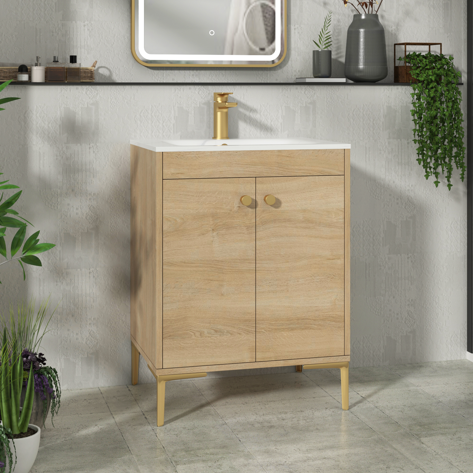 Verona 600mm Natural Oak Floor Standing Vanity Unit 2 Door with Optional Basin & Knob