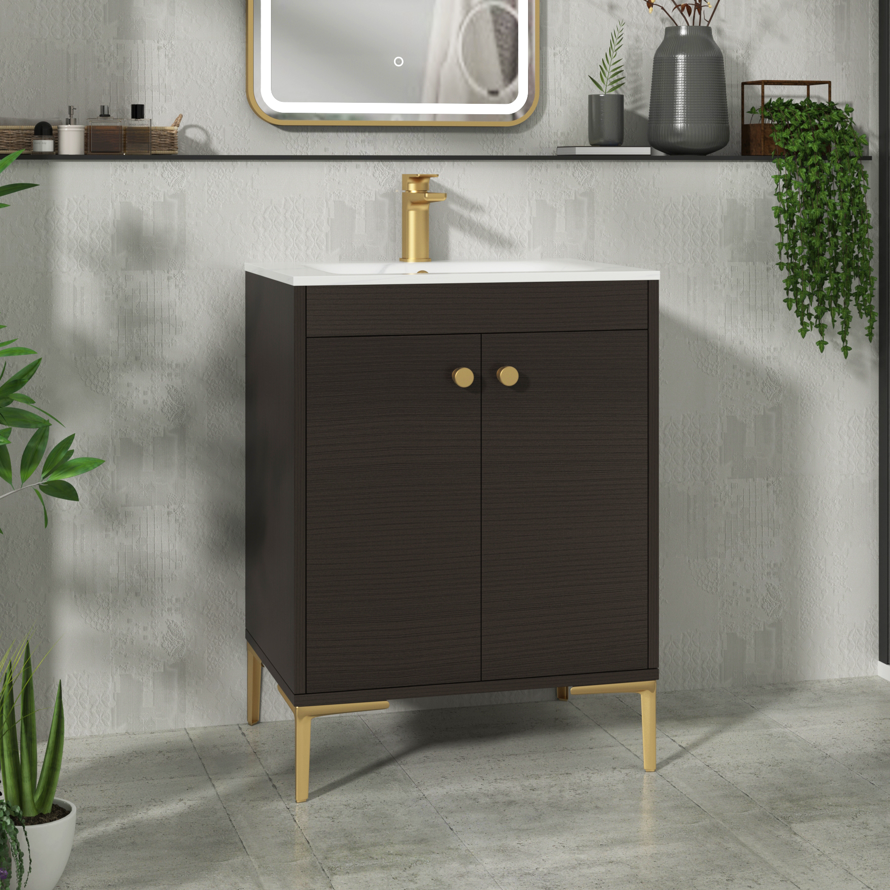 Verona 600mm Walnut Woodgrain Floor Standing Vanity Unit 2 Door with Optional Basin & Knob