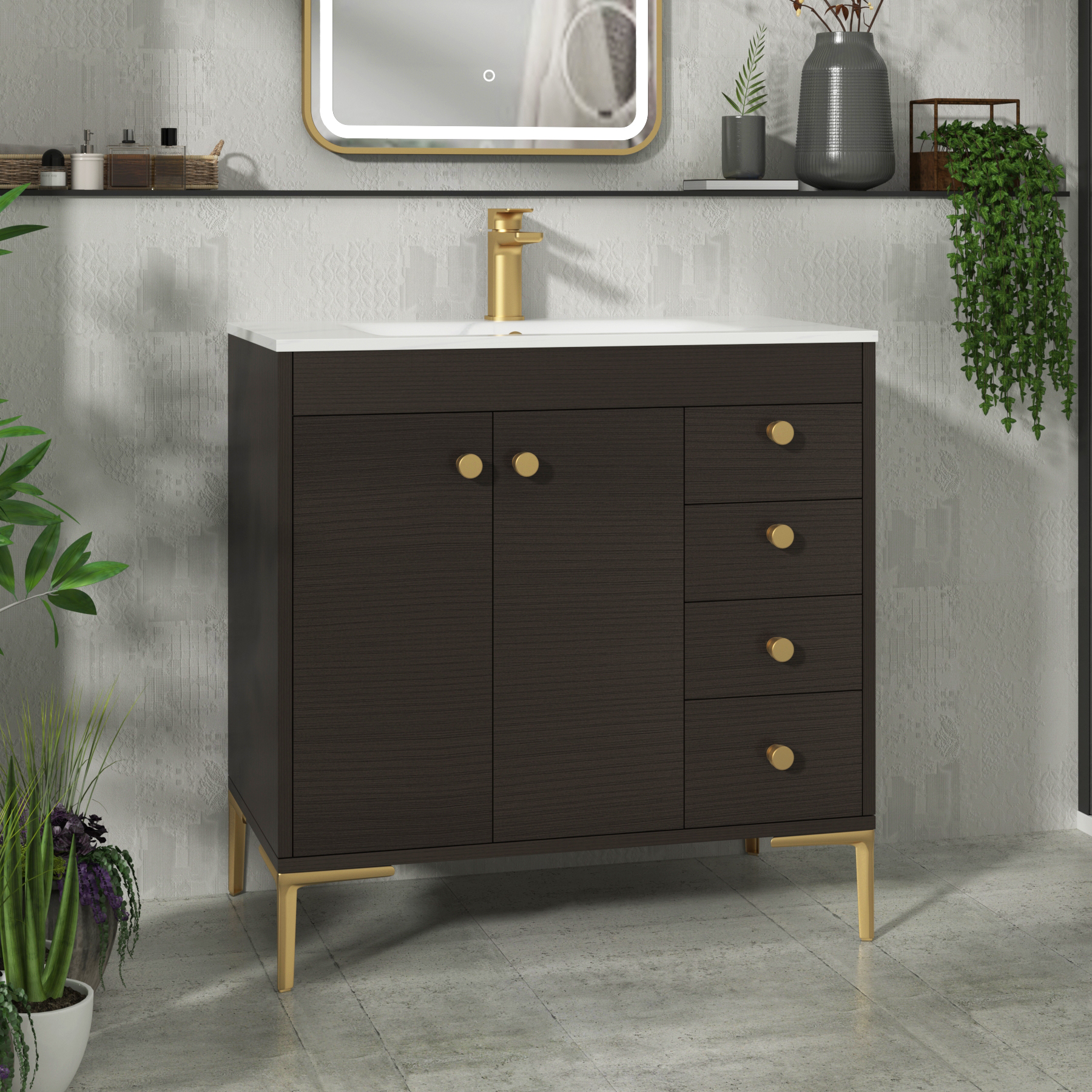 Verona 800mm Walnut Woodgrain Floor Standing Vanity Unit 2 Door & 4 Drawer Cabinet with Optional Basin & Knob
