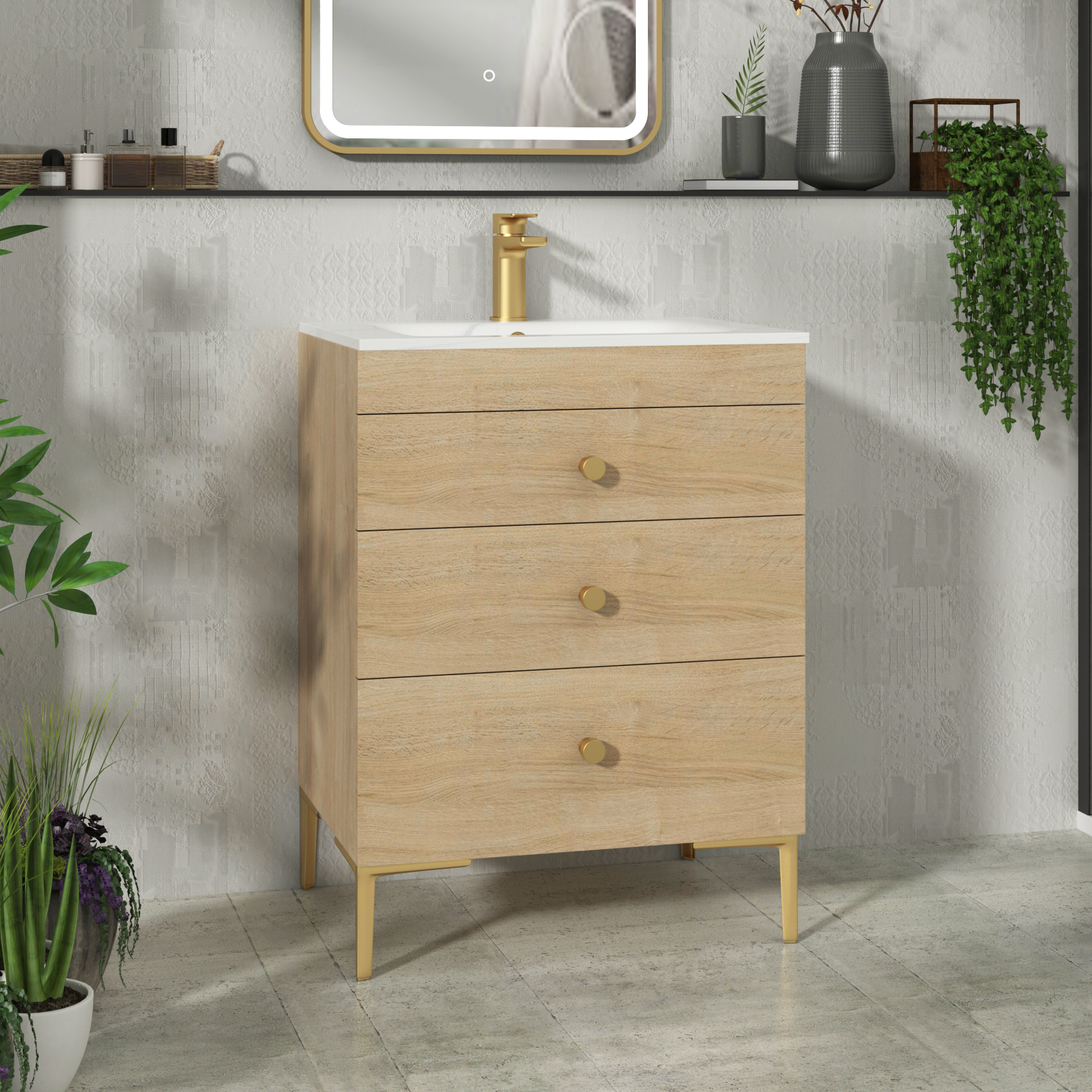 Verona 600mm Natural Oak Floor Standing 3 Drawer Vanity Unit with Optional Basin & Knob