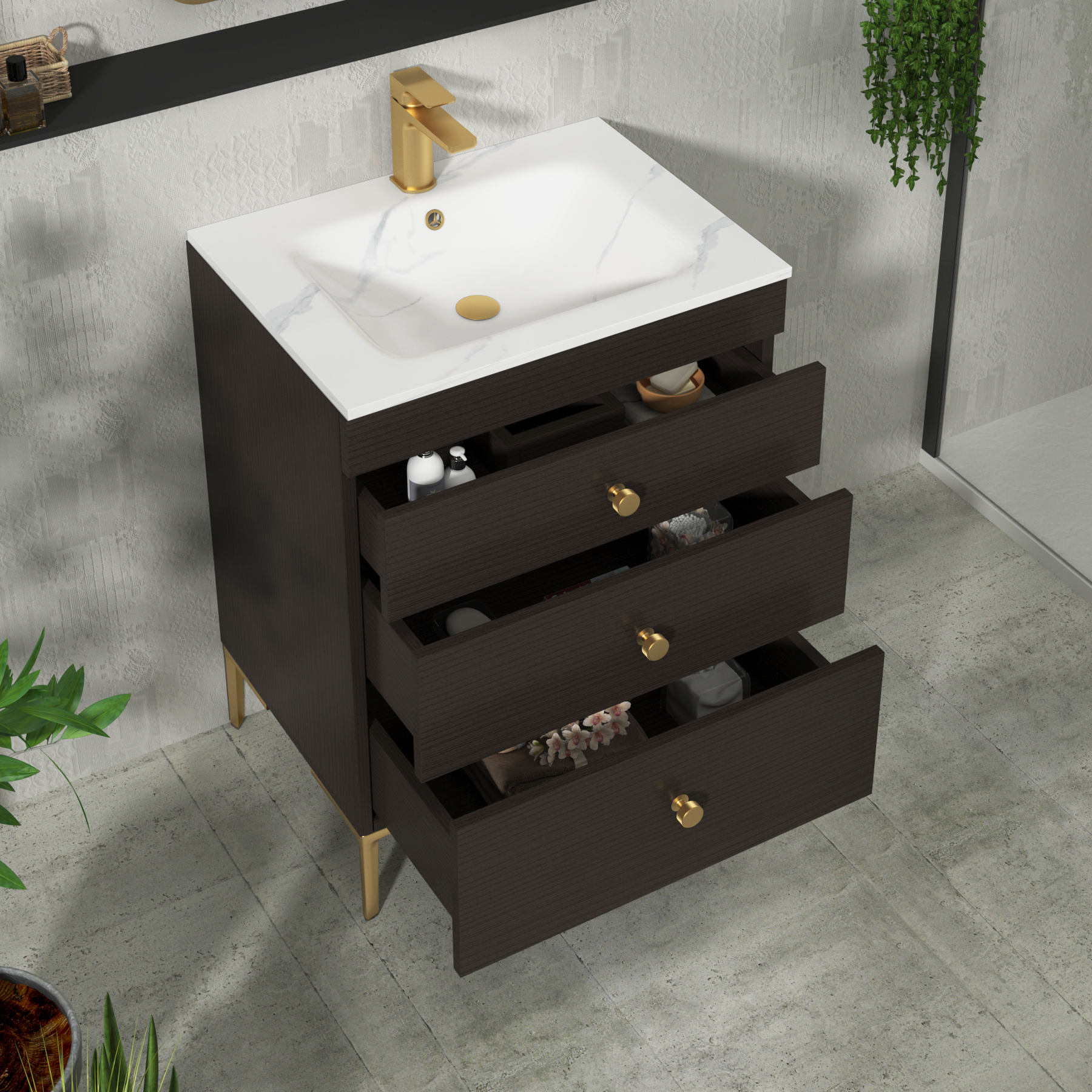 Verona 600mm Walnut Woodgrain Floor Standing 3 Drawer Vanity Unit with Optional Basin & Knob