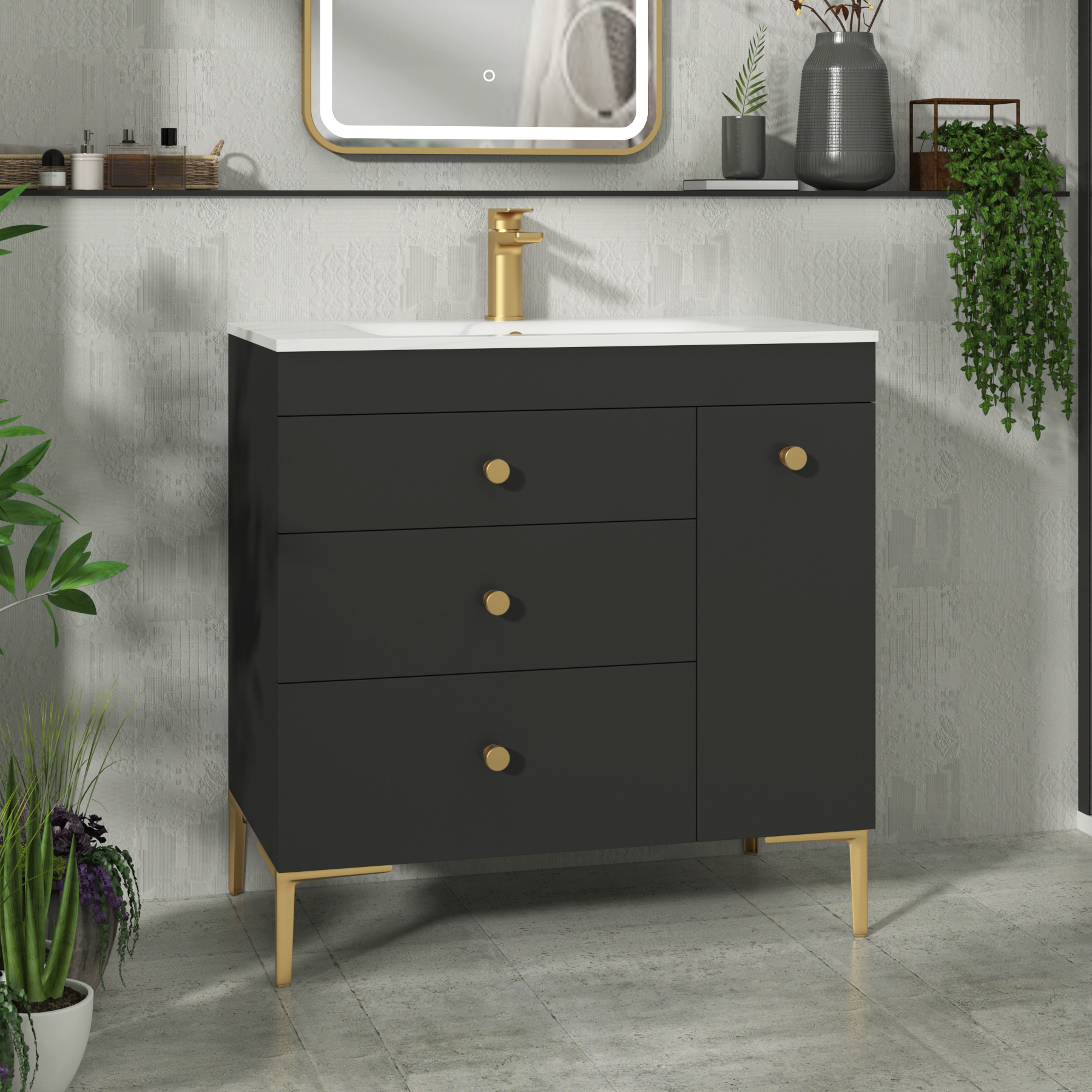 Verona 800mm Matt Black Floor Standing Vanity Unit 3 Drawer & Side Pull Out Storage with Optional Basin & Various Knobs