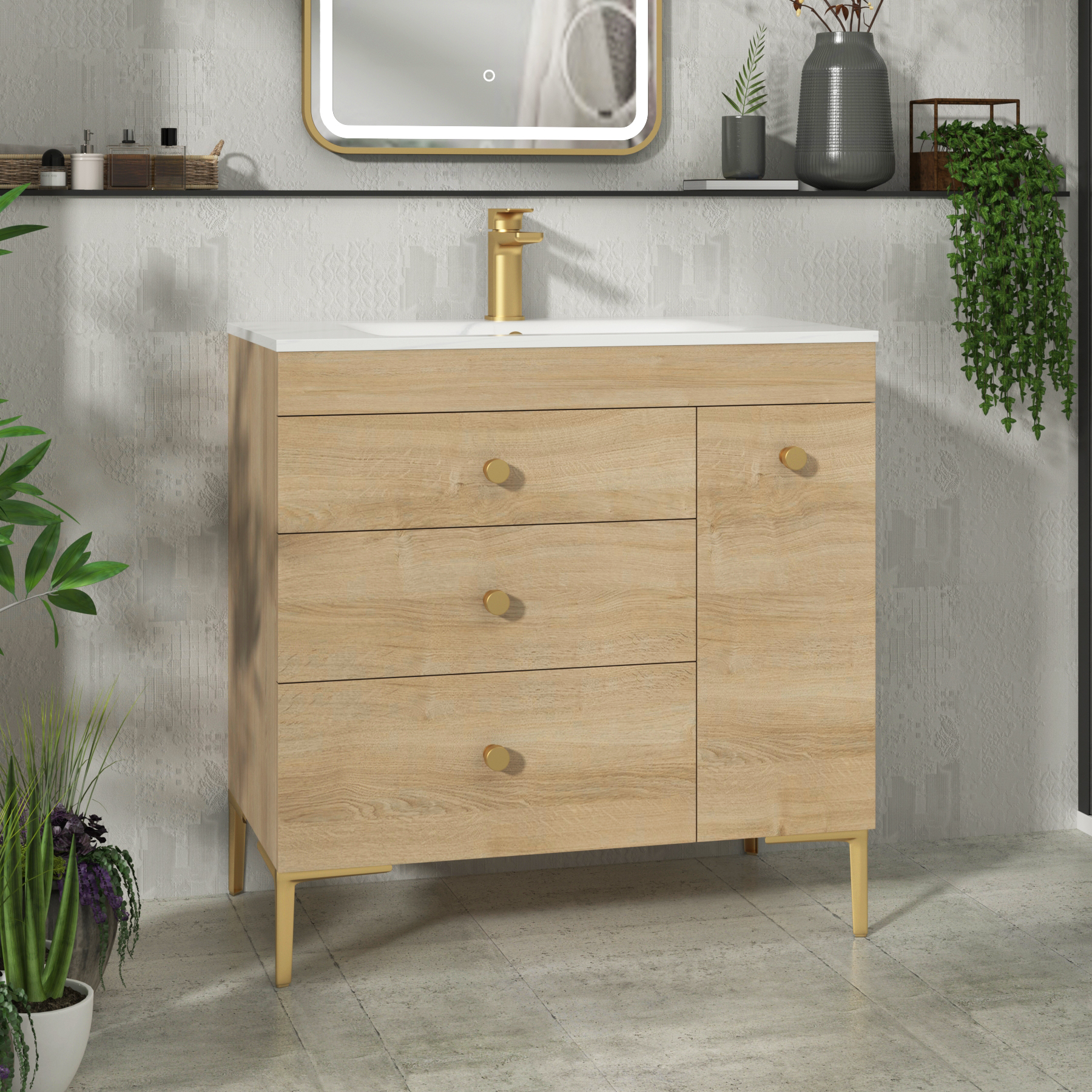 Verona 800mm Natural Oak Floor Standing Vanity Unit 3 Drawer & Side Pull Out Storage with Optional Basin & Various Knobs