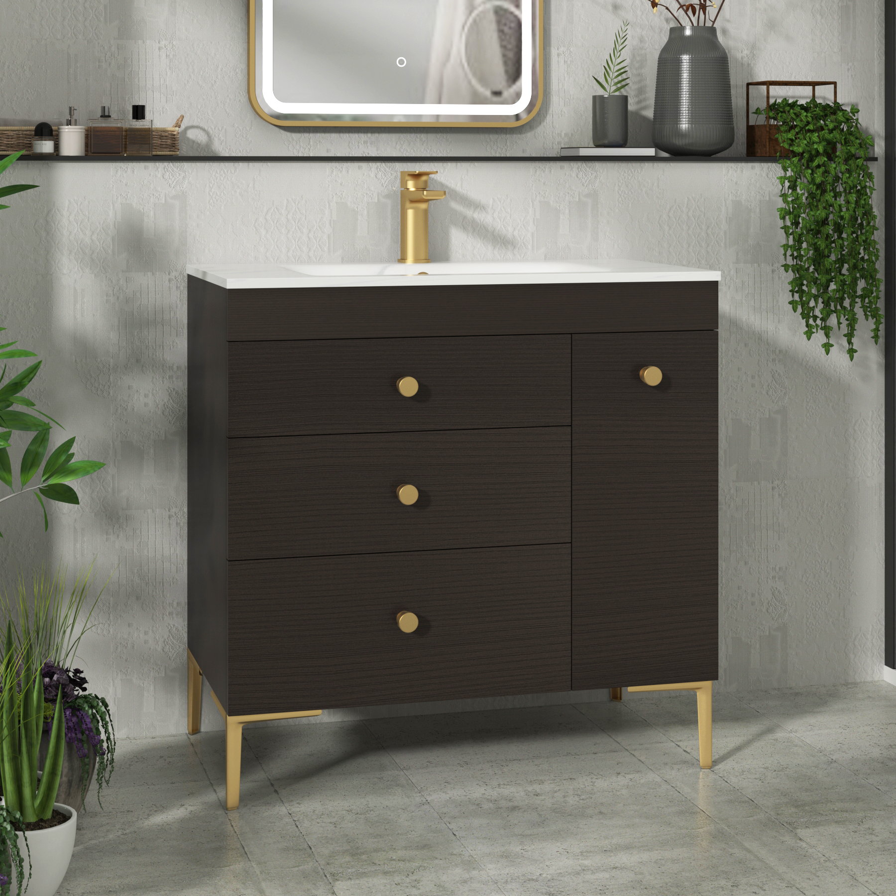 Verona 800mm Walnut Woodgrain Floor Standing Vanity Unit 3 Drawer & Side Pull Out Storage with Optional Basin & Various Knobs