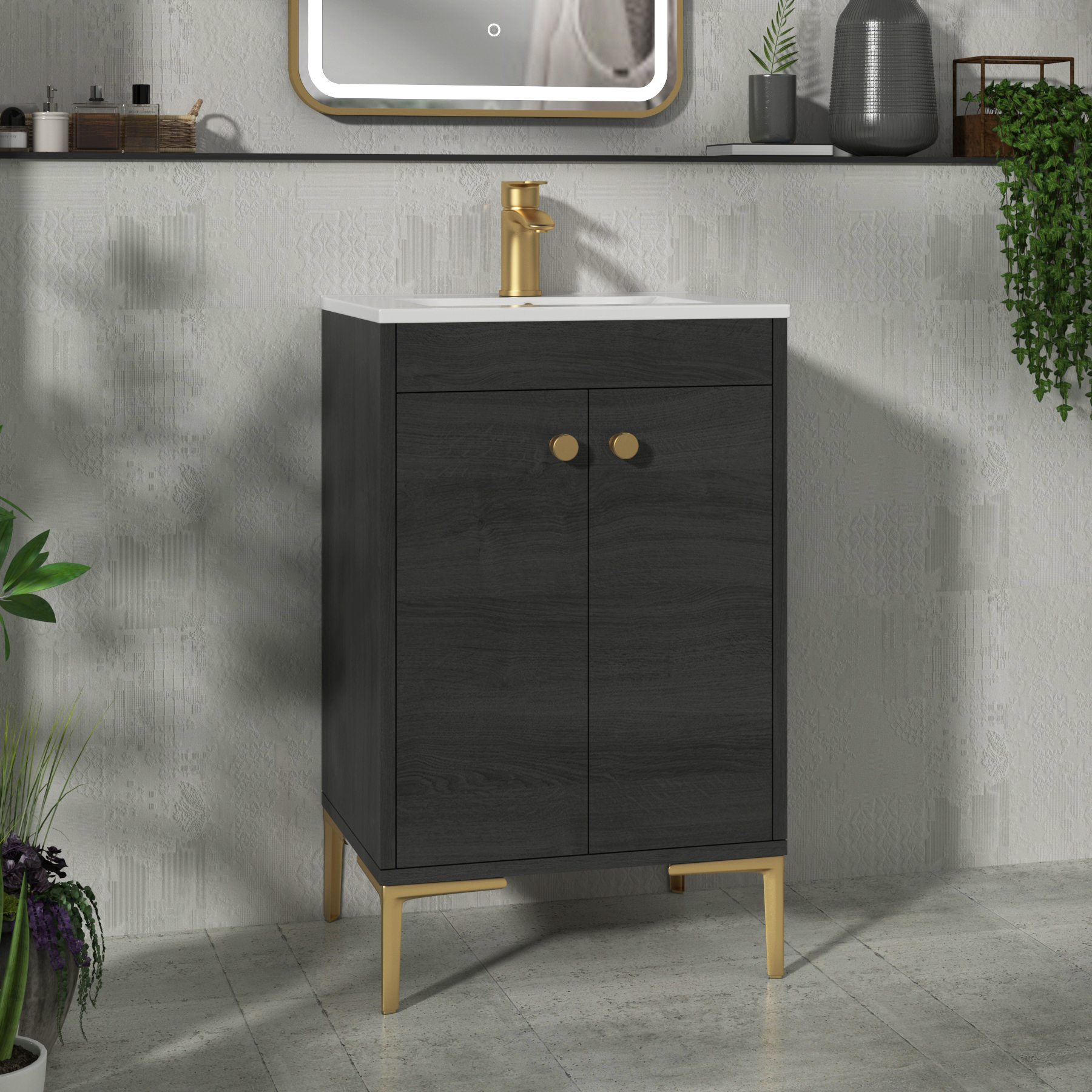 Verona 500mm Black Woodgrain Floor Standing Vanity Unit 2 Door with Optional Basin & Knob