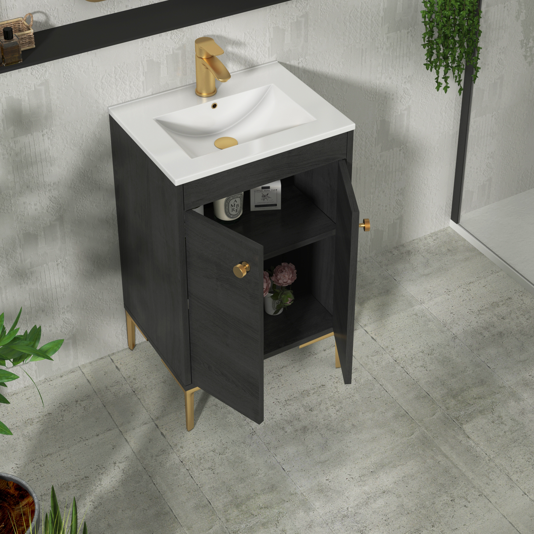 Verona 500mm Black Woodgrain Floor Standing Vanity Unit 2 Door with Optional Basin & Knob