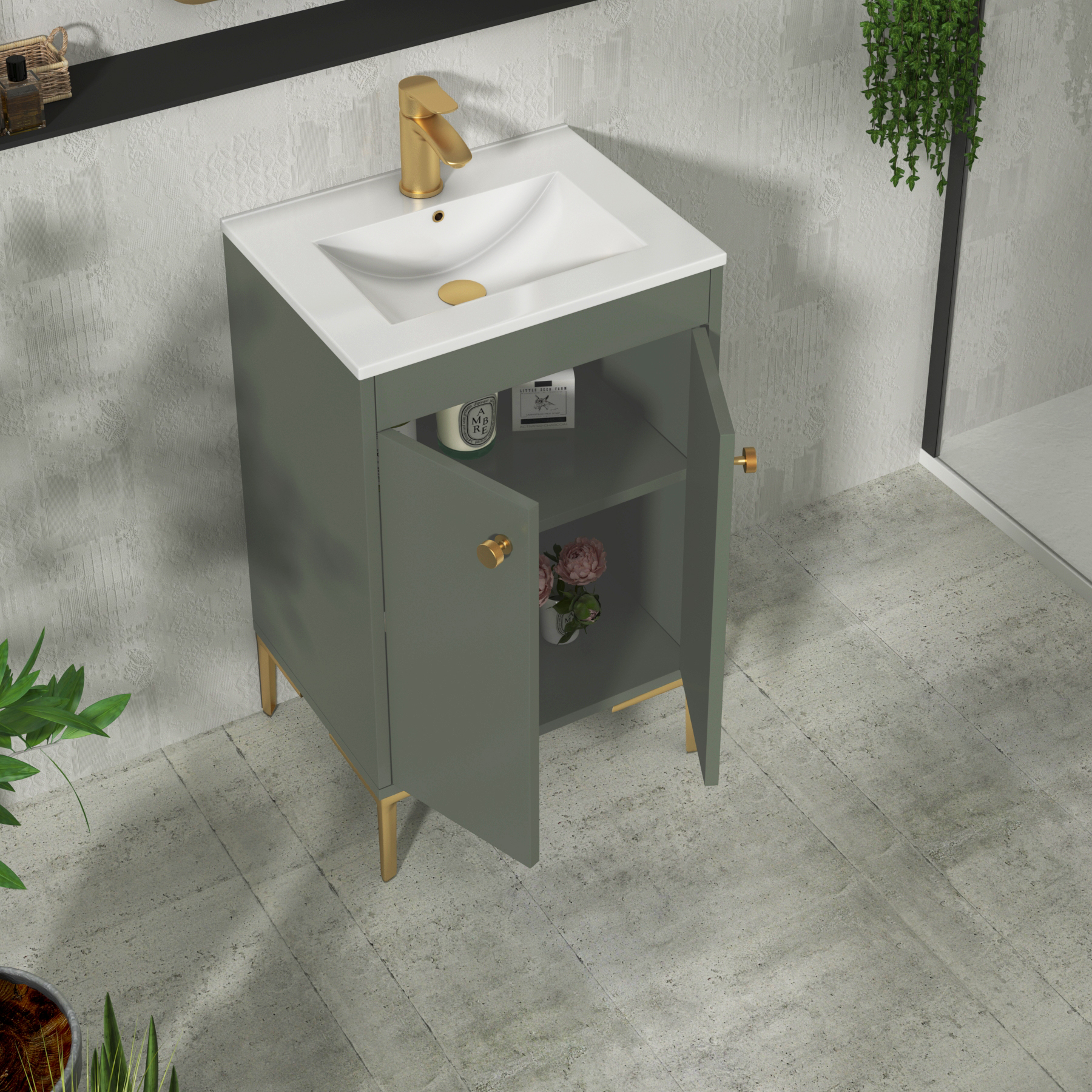 Verona 500mm Matt Green Floor Standing Vanity Unit 2 Door with Optional Basin & Knob