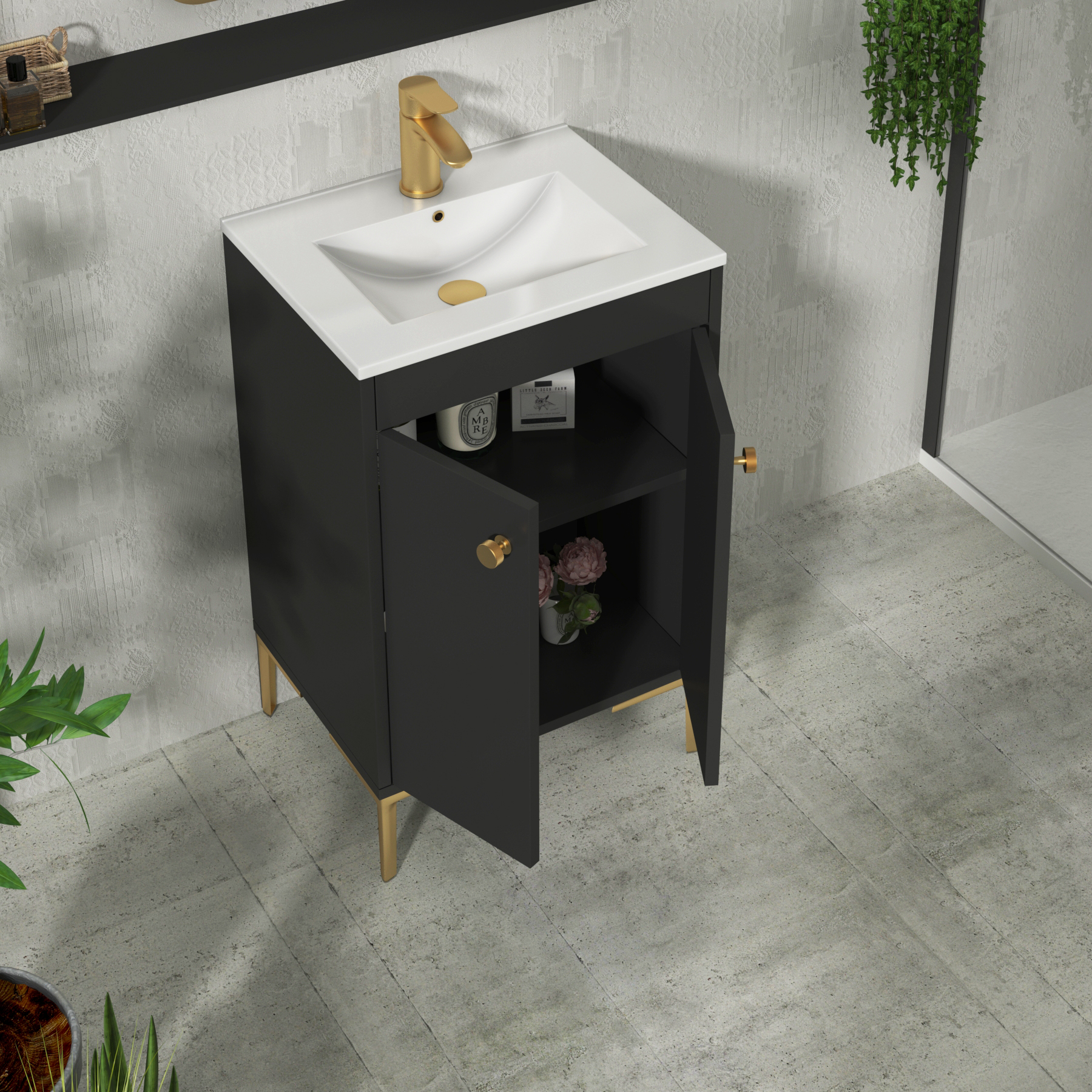 Verona 500mm Matt Black Floor Standing Vanity Unit 2 Door with Optional Basin & Knob