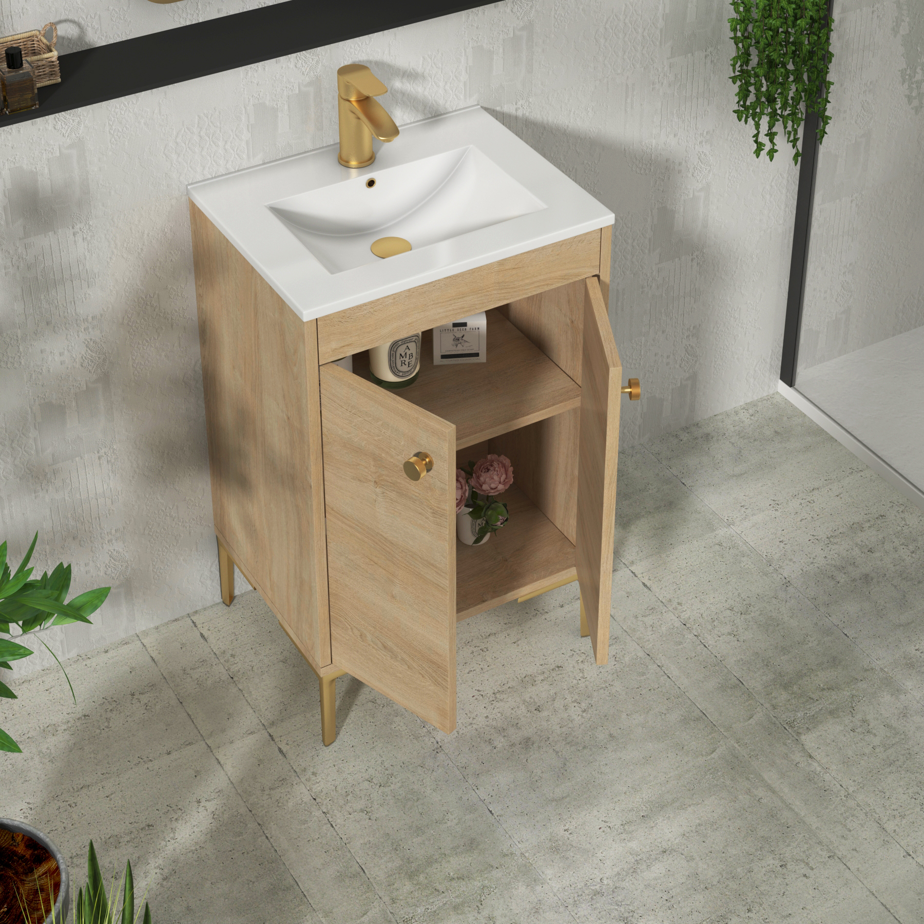 Verona 500mm Natural Oak Floor Standing Vanity Unit 2 Door with Optional Basin & Knob