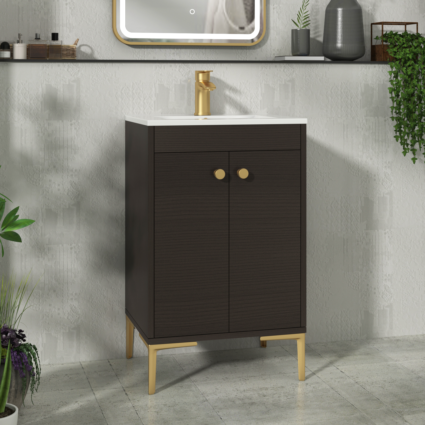 Verona 500mm Walnut Woodgrain Floor Standing Vanity Unit 2 Door with Optional Basin & Knob