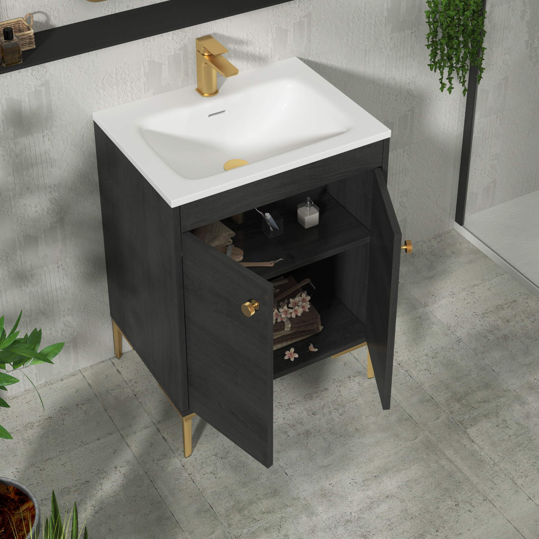 Verona 600mm Black Woodgrain Floor Standing Vanity Unit 2 Door with Optional Basin & Knob