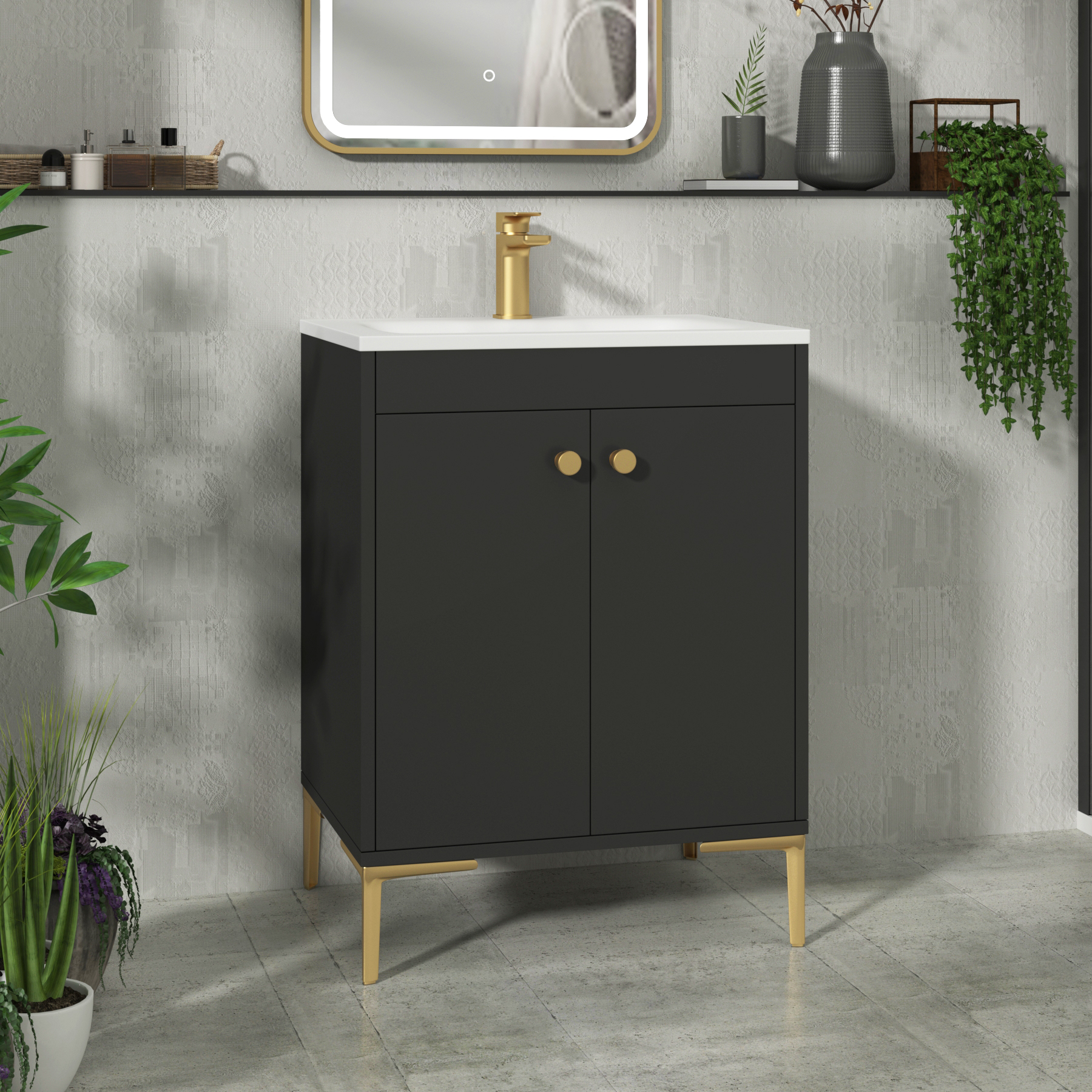 Verona 600mm Matt Black Floor Standing Vanity Unit 2 Door with Optional Basin & Knob