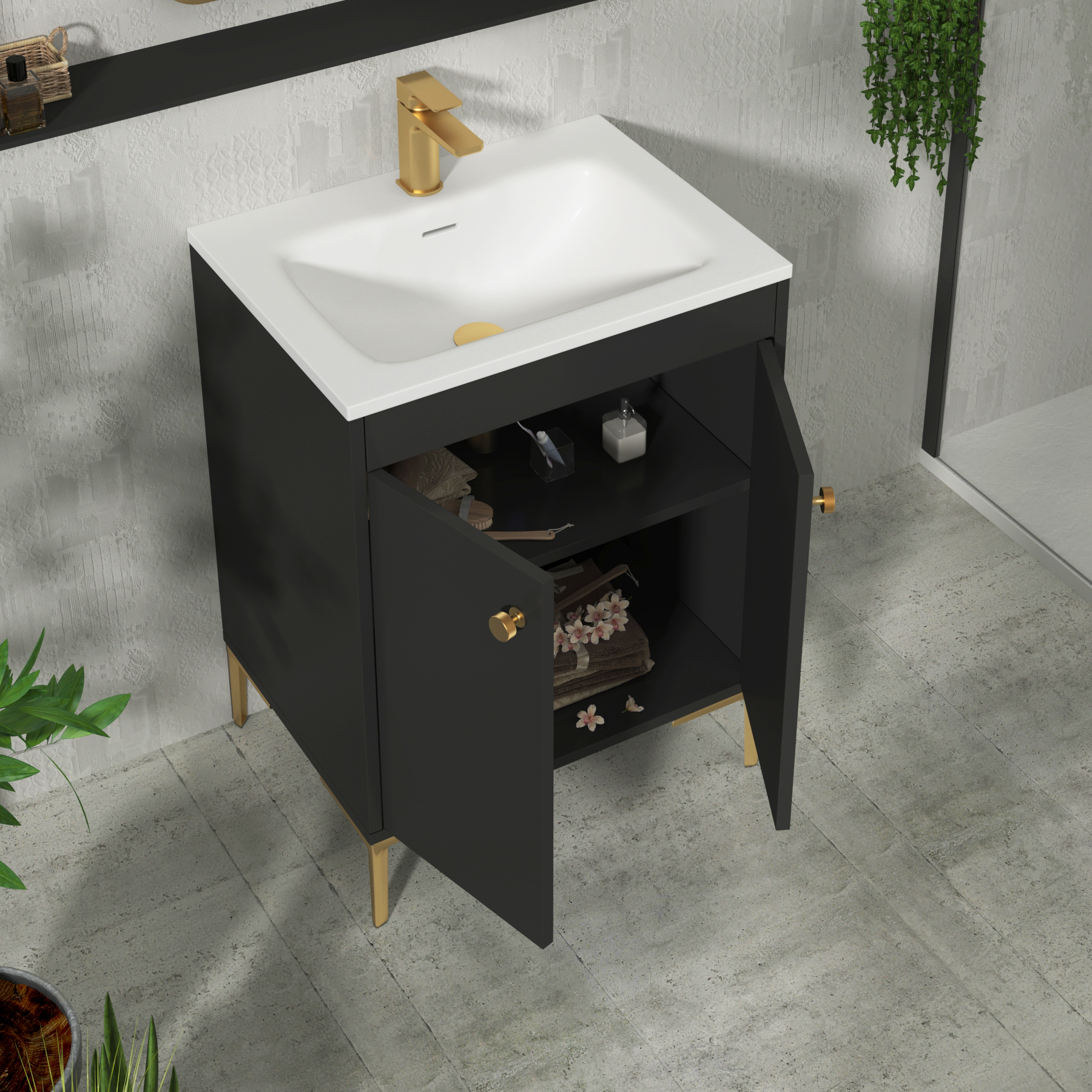 Verona 600mm Matt Black Floor Standing Vanity Unit 2 Door with Optional Basin & Knob