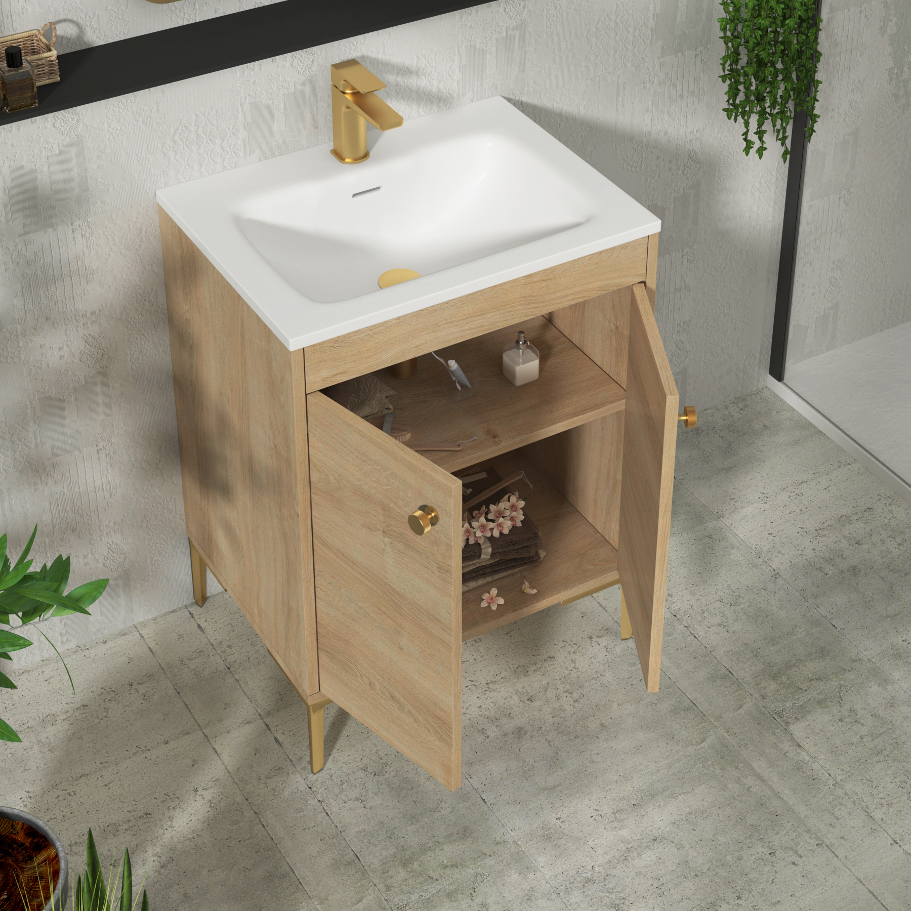 Verona 600mm Natural Oak Floor Standing Vanity Unit 2 Door with Optional Basin & Knob