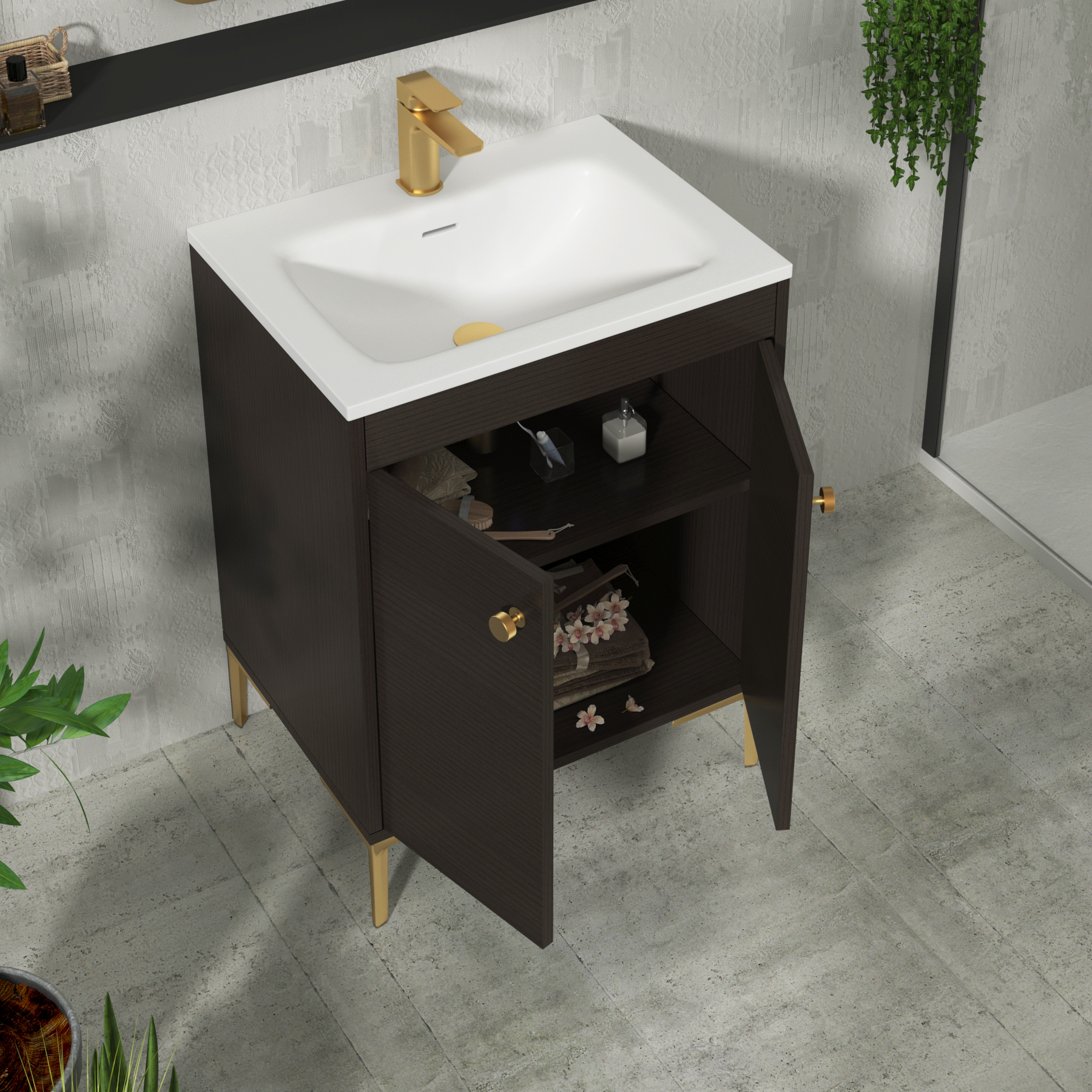 Verona 600mm Walnut Woodgrain Floor Standing Vanity Unit 2 Door with Optional Basin & Knob