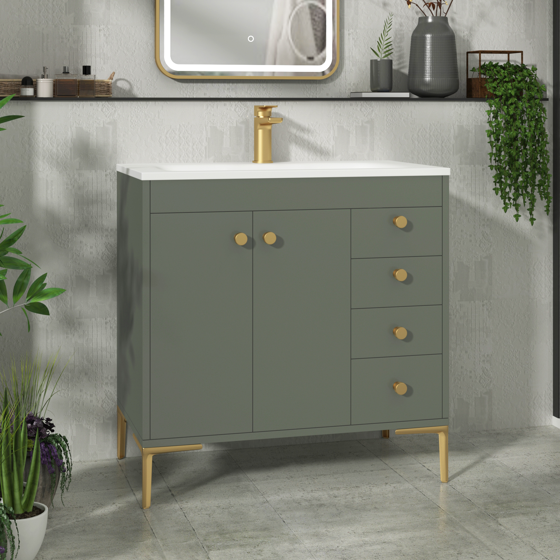 Verona 800mm Matt Green Floor Standing Vanity Unit 2 Door & 4 Drawer Cabinet with Optional Basin & Knob