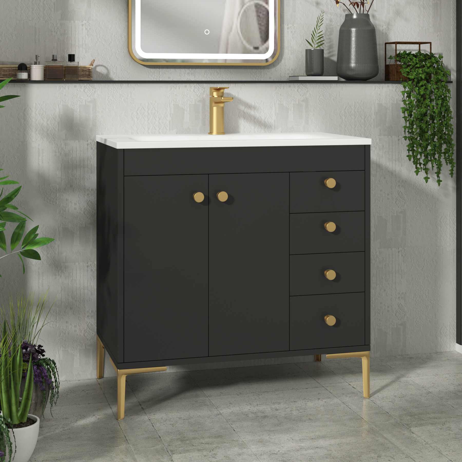 Verona 800mm Matt Black Floor Standing Vanity Unit 2 Door & 4 Drawer Cabinet with Optional Basin & Knob