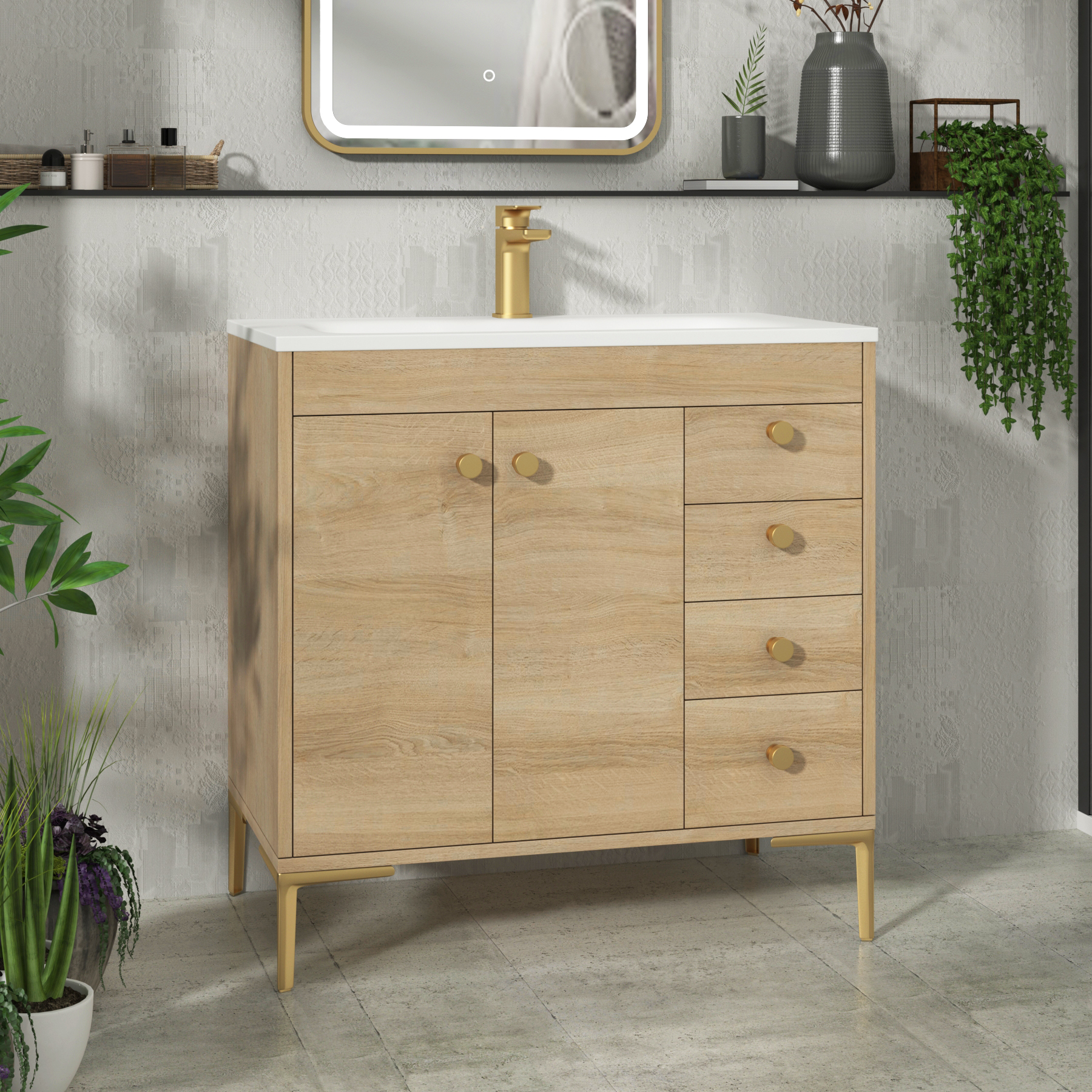 Verona 800mm Natural Oak Floor Standing Vanity Unit 2 Door & 4 Drawer Cabinet with Optional Basin & Knob