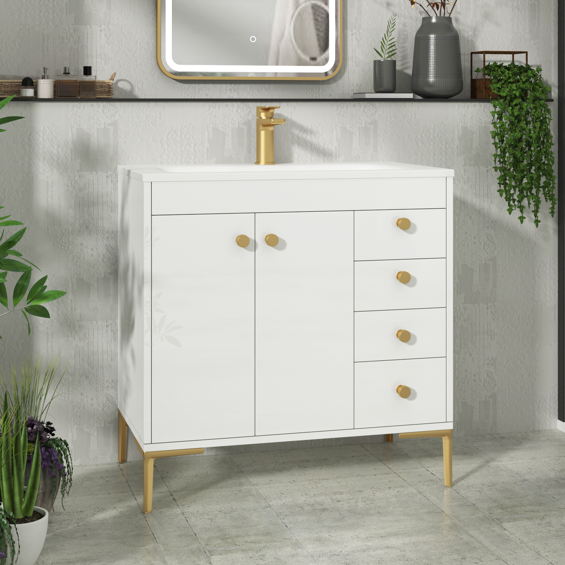 Verona 800mm Gloss White Floor Standing Vanity Unit 2 Door & 4 Drawer Cabinet with Optional Basin & Knob