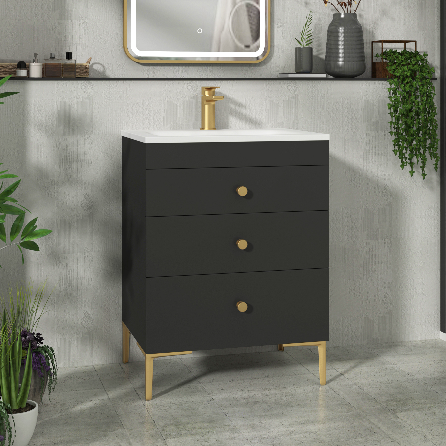 Verona 600mm Matt Black Floor Standing 3 Drawer Vanity Unit with Optional Basin & Knob
