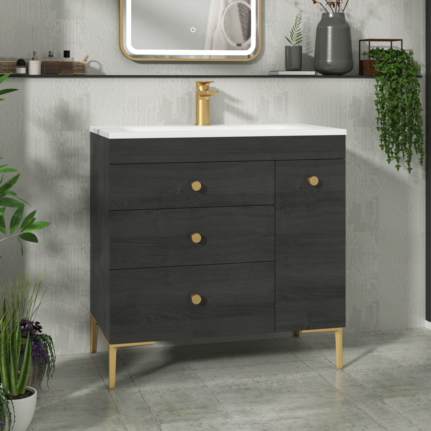 Verona 800mm Black Woodgrain  Floor Standing Vanity Unit 3 Drawer & Side Pull Out Storage with Optional Basin & Various Knobs