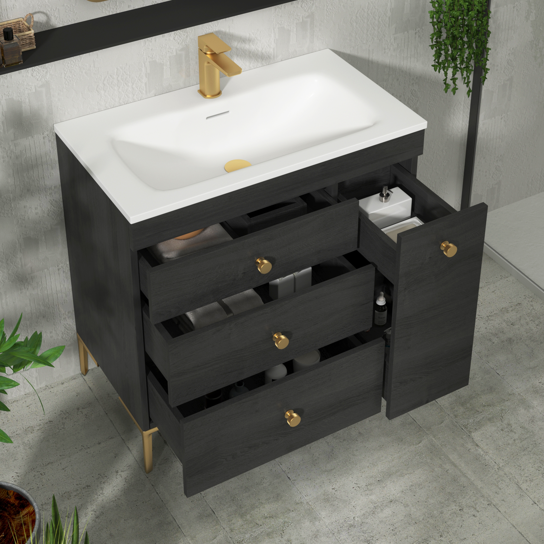 Verona 800mm Black Woodgrain  Floor Standing Vanity Unit 3 Drawer & Side Pull Out Storage with Optional Basin & Various Knobs