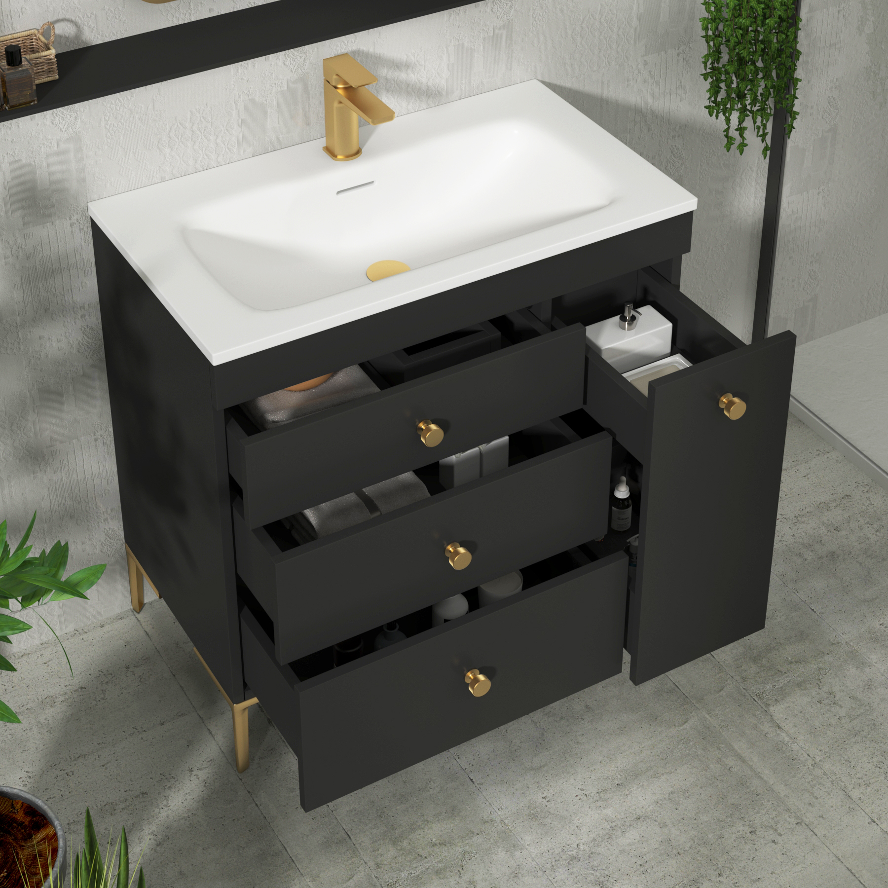 Verona 800mm Matt Black Floor Standing Vanity Unit 3 Drawer & Side Pull Out Storage with Optional Basin & Various Knobs