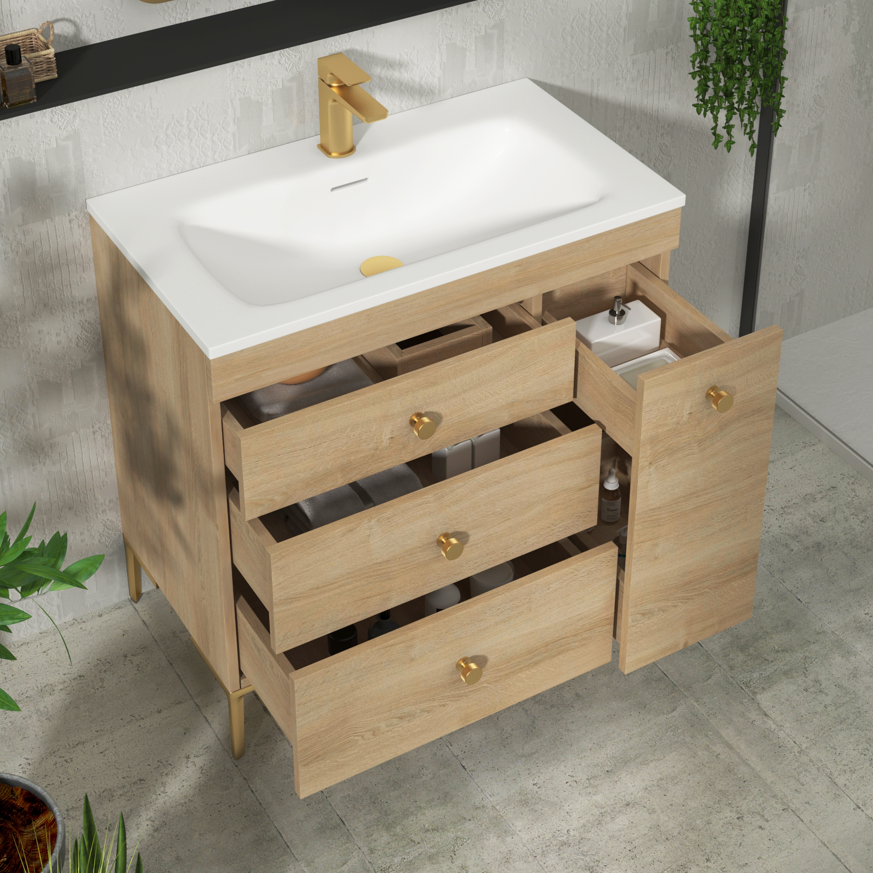 Verona 800mm Natural Oak Floor Standing Vanity Unit 3 Drawer & Side Pull Out Storage with Optional Basin & Various Knobs