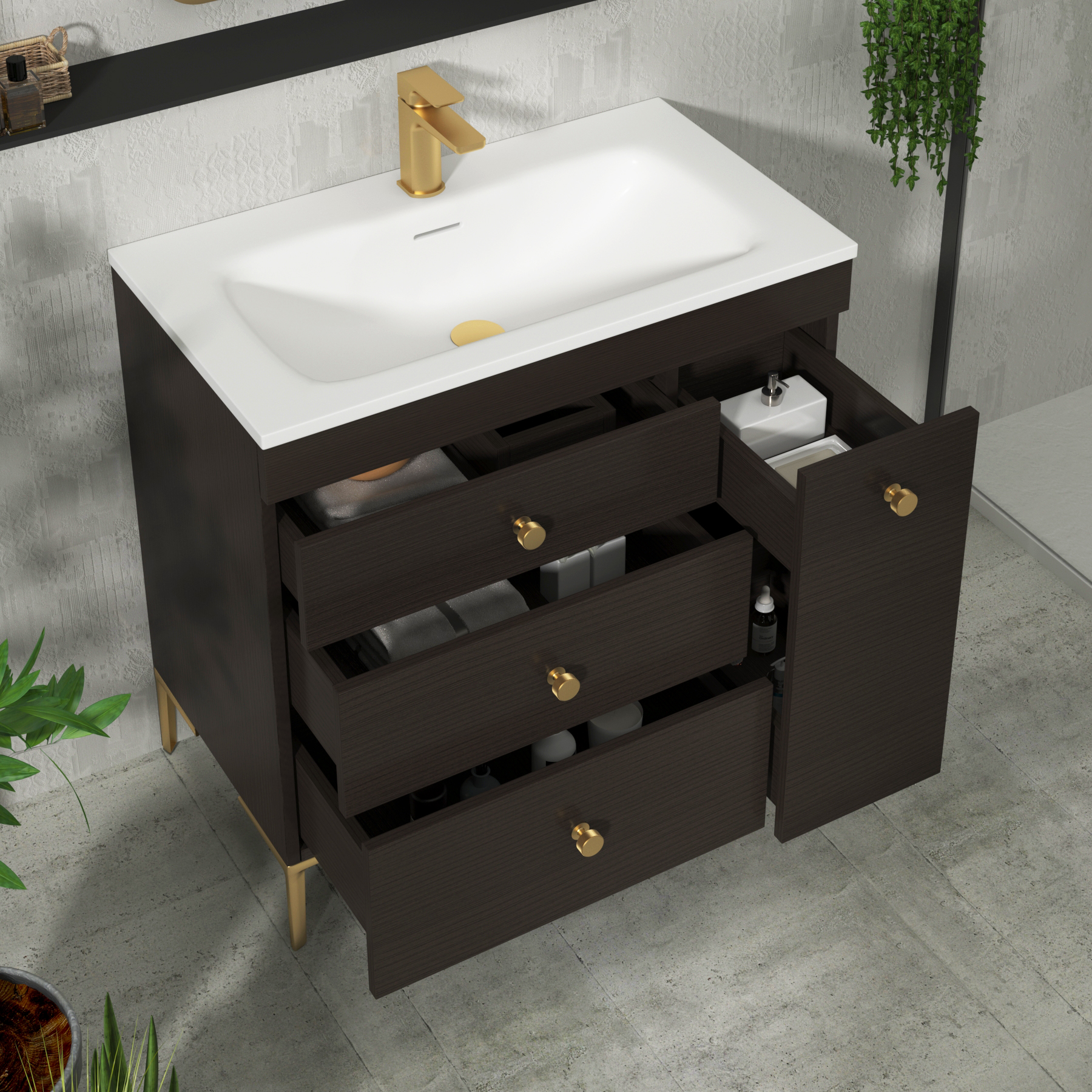 Verona 800mm Walnut Woodgrain Floor Standing Vanity Unit 3 Drawer & Side Pull Out Storage with Optional Basin & Various Knobs