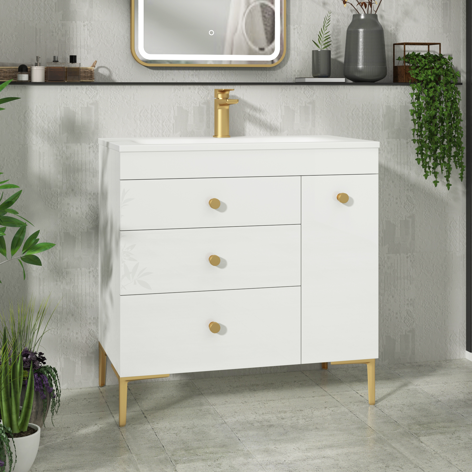 Verona 800mm Gloss White Floor Standing Vanity Unit 3 Drawer & Side Pull Out Storage with Optional Basin & Various Knobs