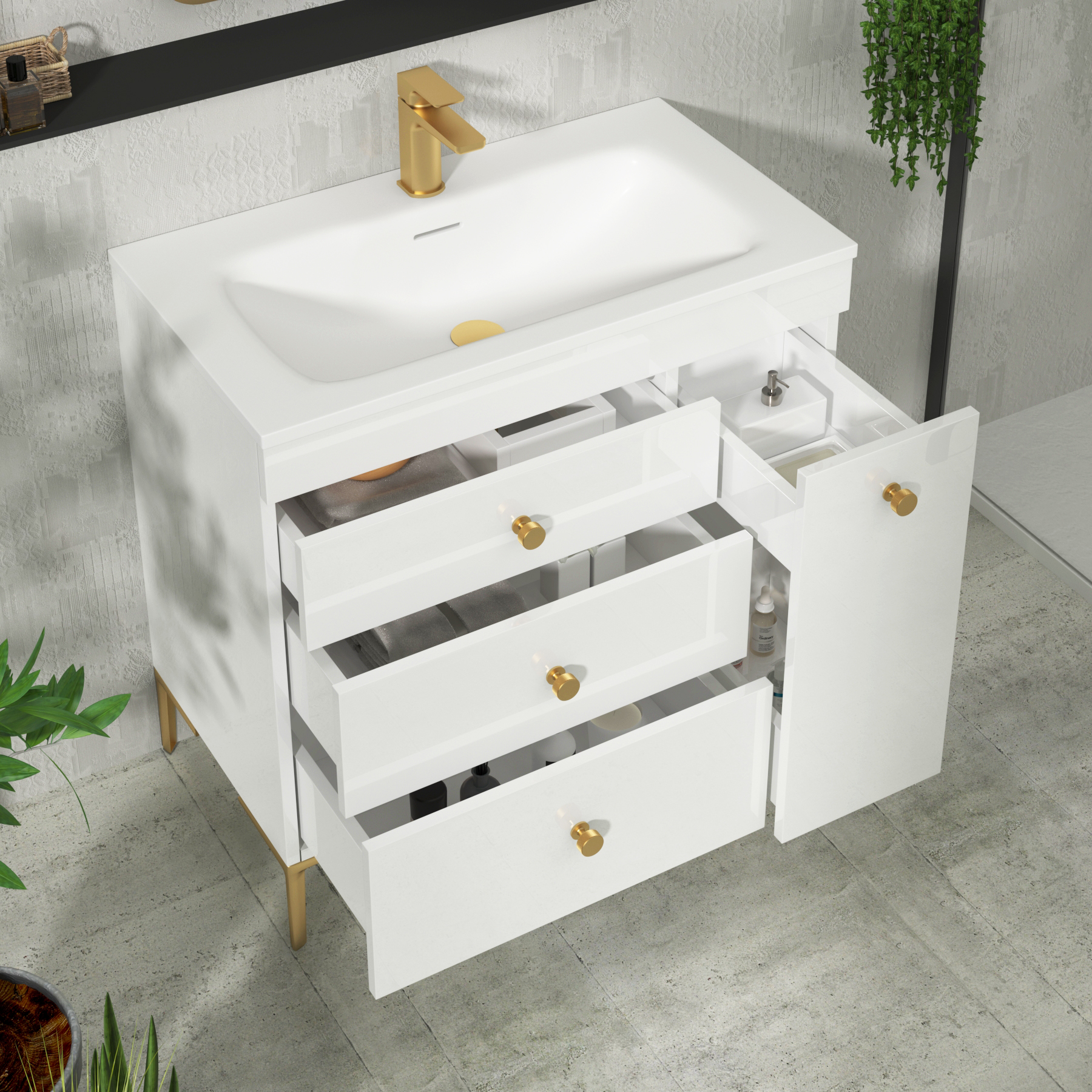 Verona 800mm Gloss White Floor Standing Vanity Unit 3 Drawer & Side Pull Out Storage with Optional Basin & Various Knobs