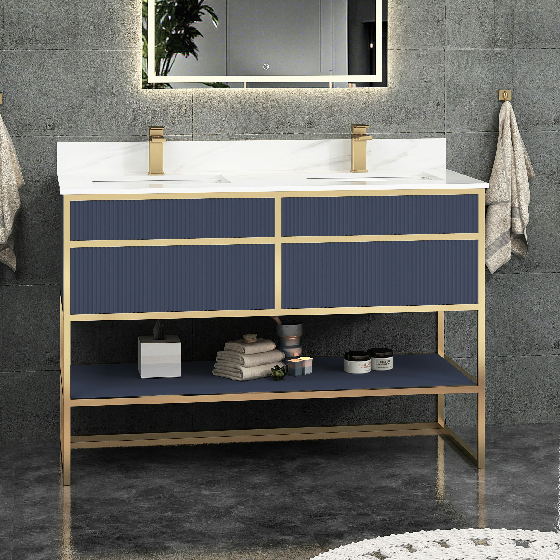 Vienna 1200mm Navy Blue Vanity Unit with Brushed Brass Frame & Carrara White Top